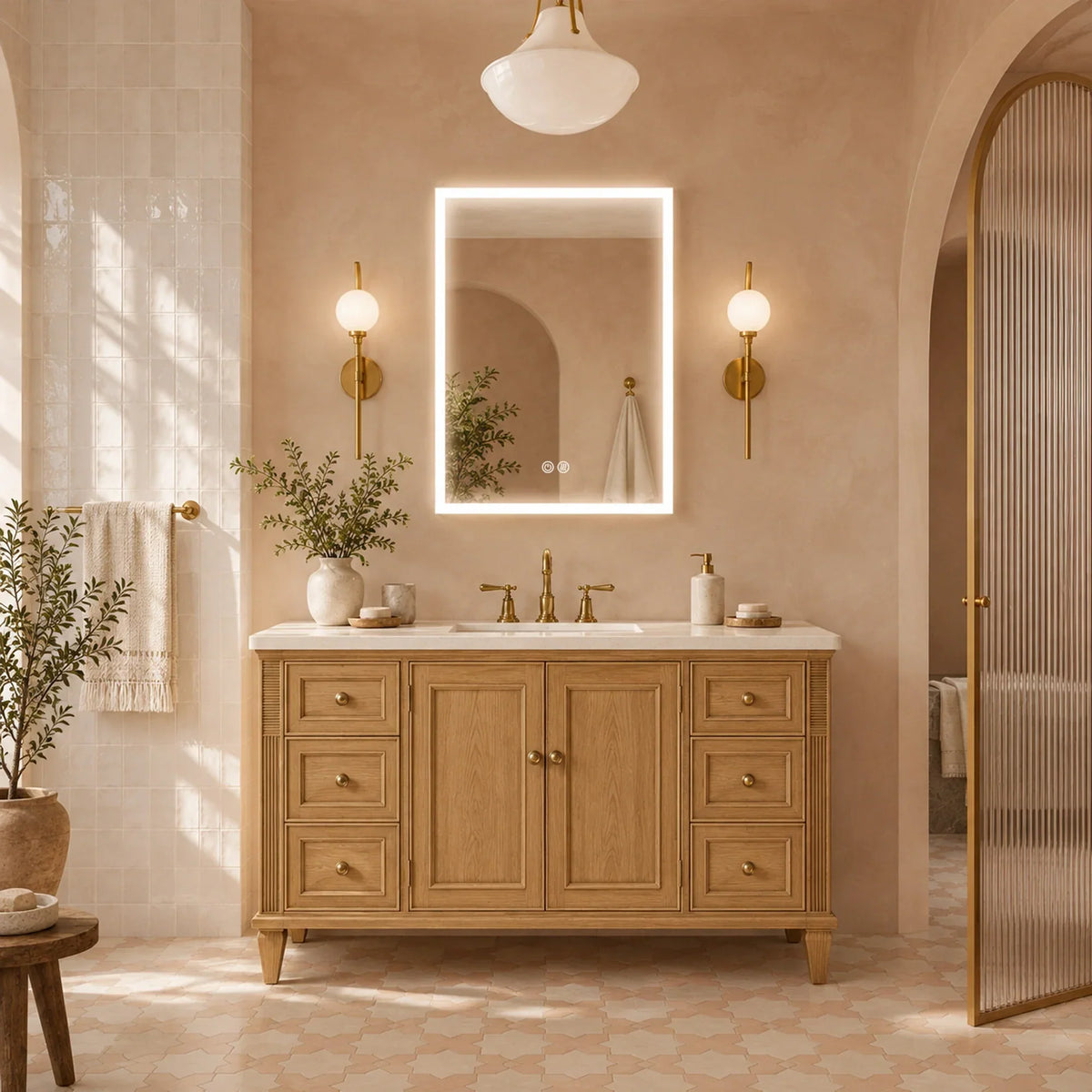 HYPERION LED medicine cabinet surface mounted above a bathroom vanity, perimeter lighting on