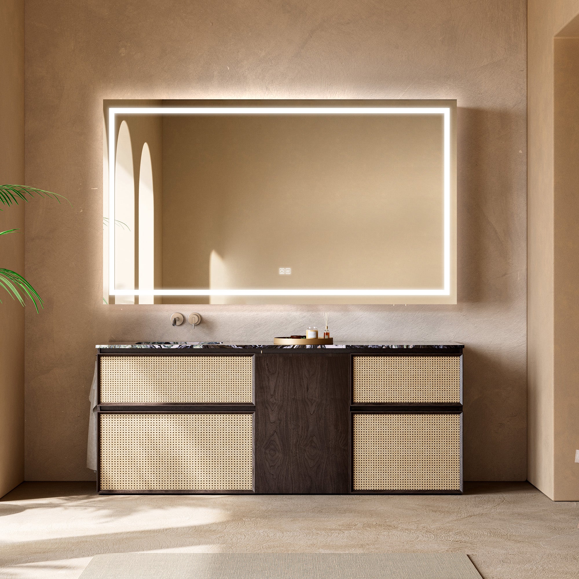 ONYRIA Custom Bathroom Vanity Single Sink Natural Marble Top Solid Wood Cabinet