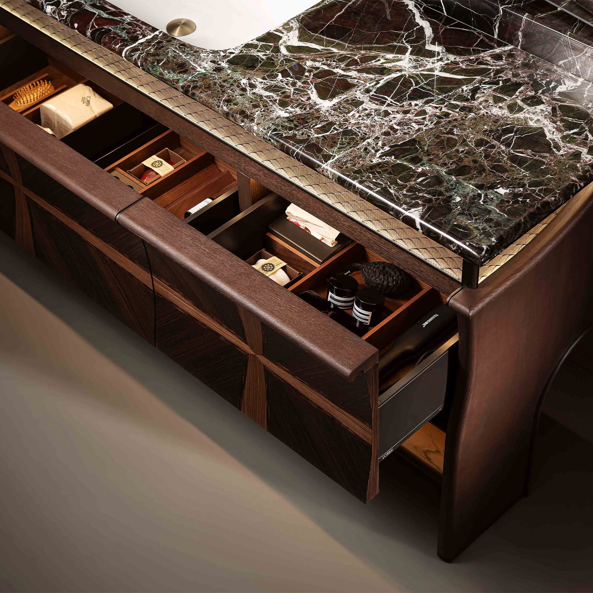 FACET Custom Bathroom Vanity with Purple Stone Top and Textured Wood Finish