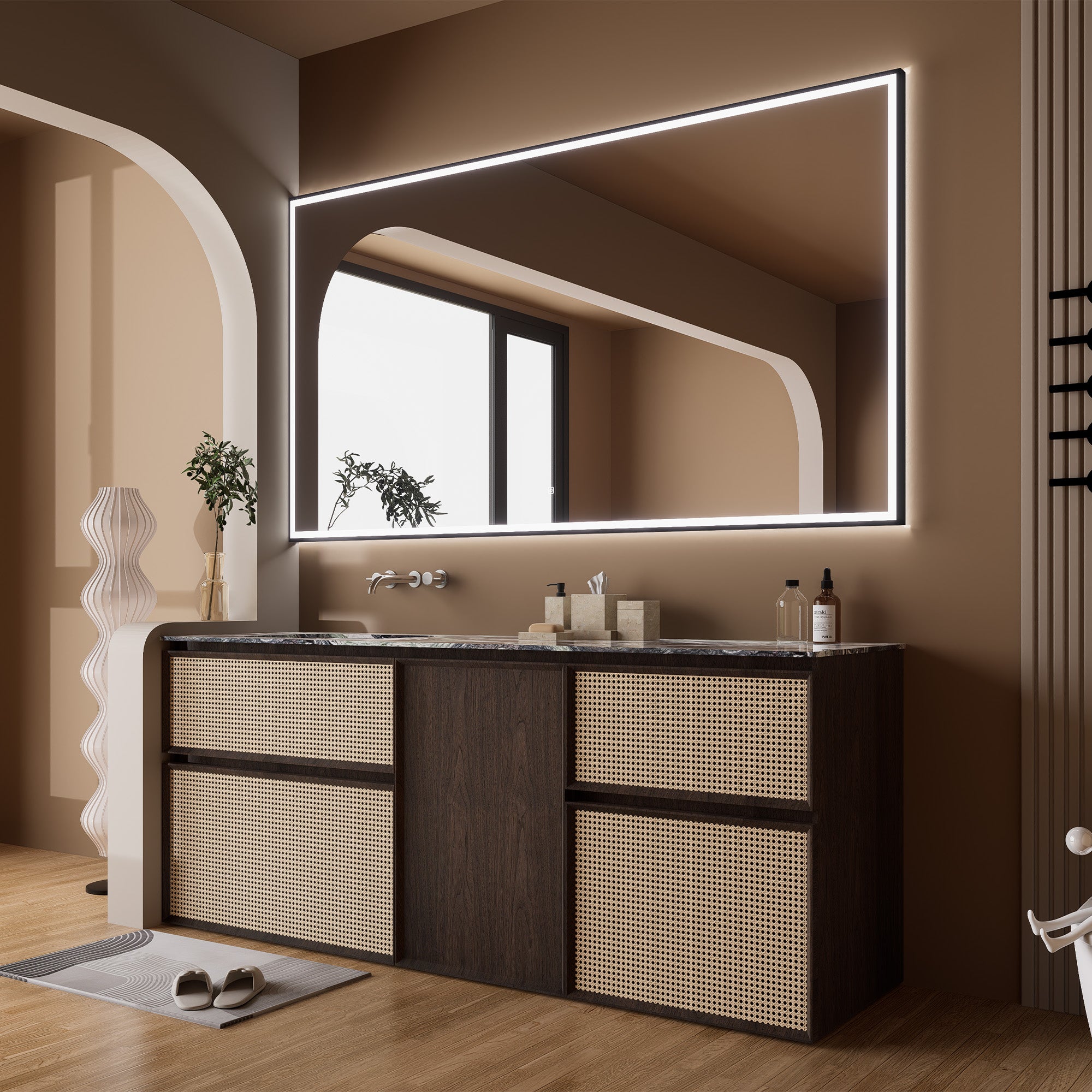 ONYRIA Custom Bathroom Vanity Single Sink Natural Marble Top Solid Wood Cabinet
