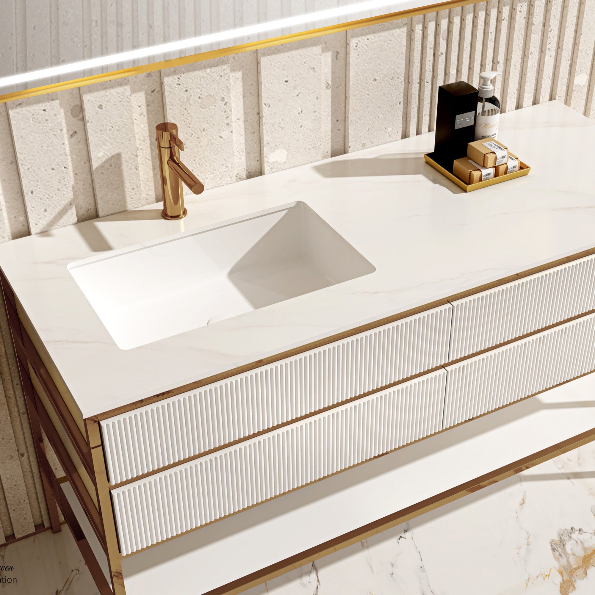 IVORY Custom Bathroom Vanity with Sintered Stone Top and Glossy Metal Accents