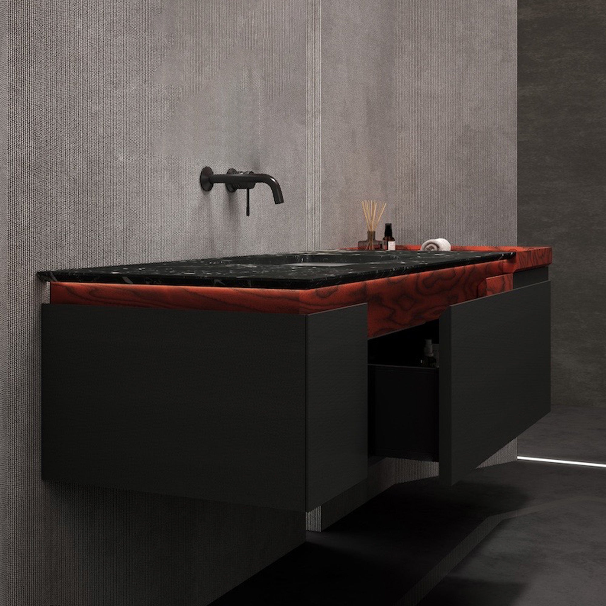 VANTA Custom Bathroom Vanity with Serene Marble Top and Decorative Wood Veneer