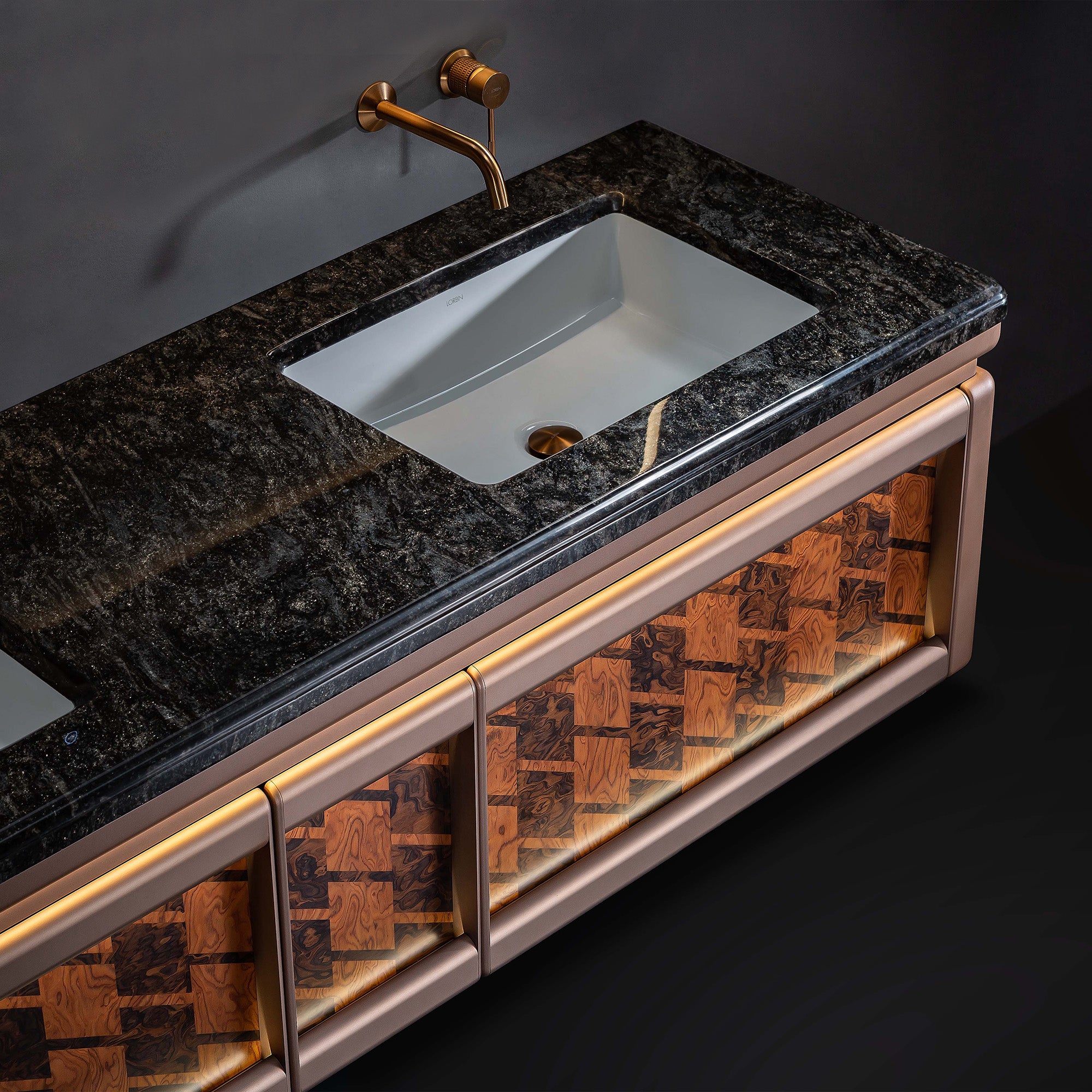 EMBER Custom Bathroom Vanity with Black Marble Top and High-Gloss Metallic Finish