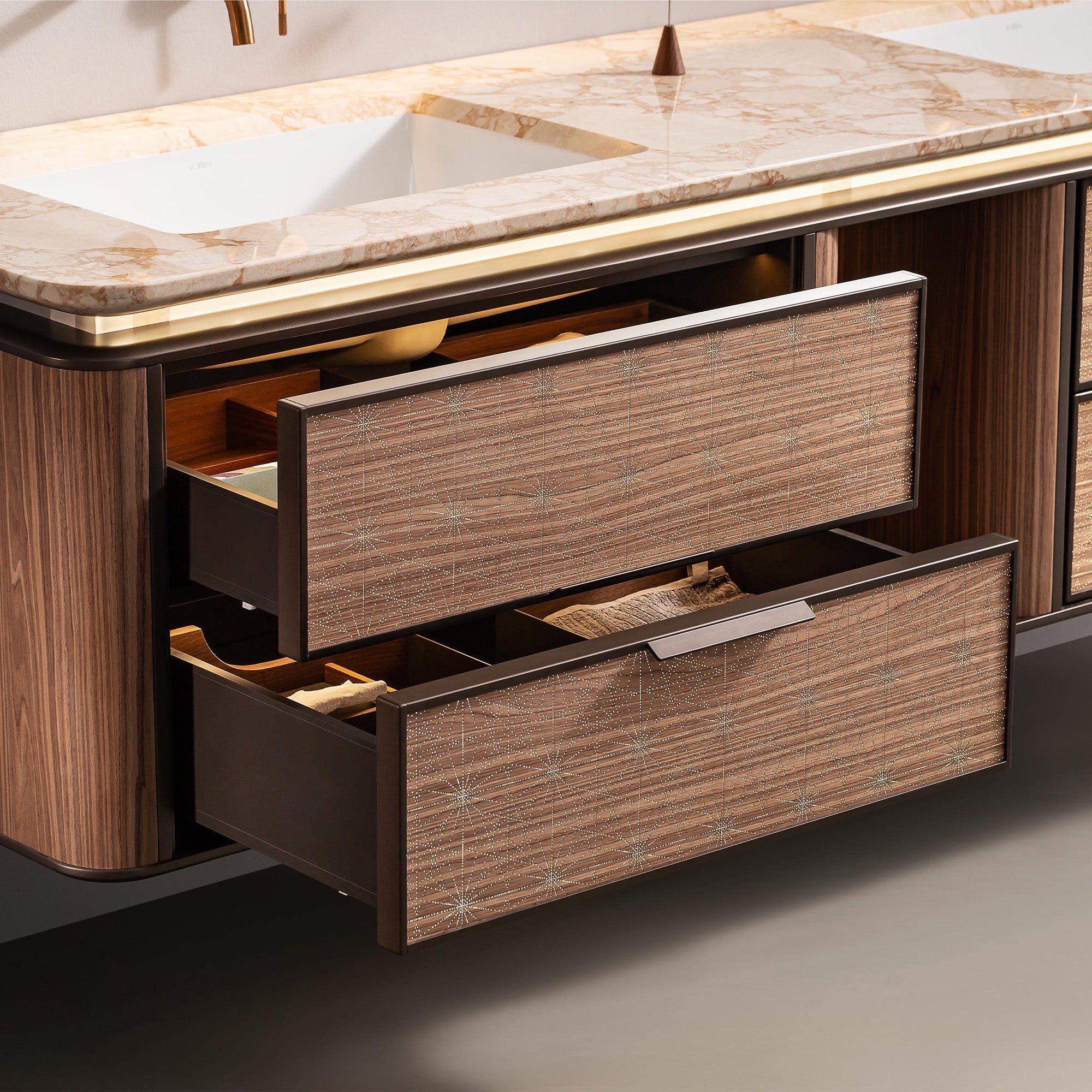 HALO Custom Bathroom Vanity with Golden Stone Top and Metallic Lacquer Finish