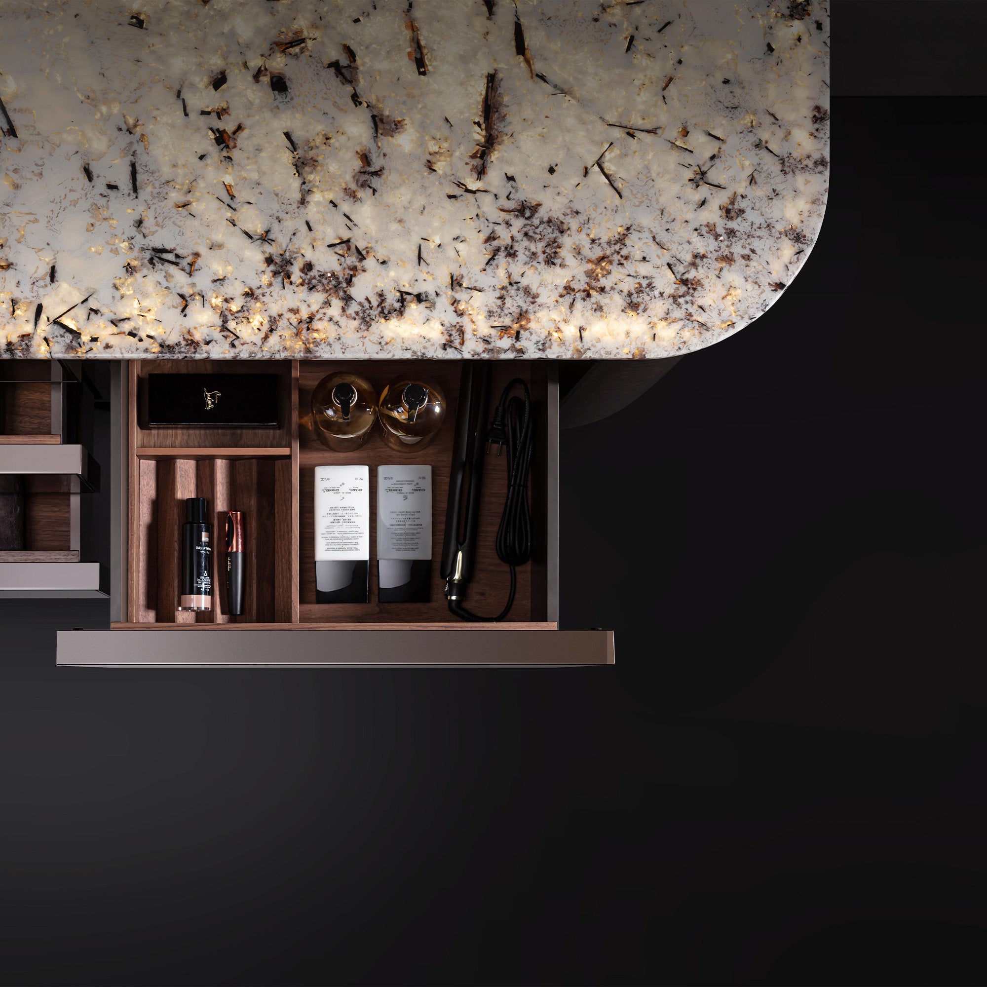 SOLSTICE Custom Bathroom Vanity with Silver Marble Top and Ambient Lighting