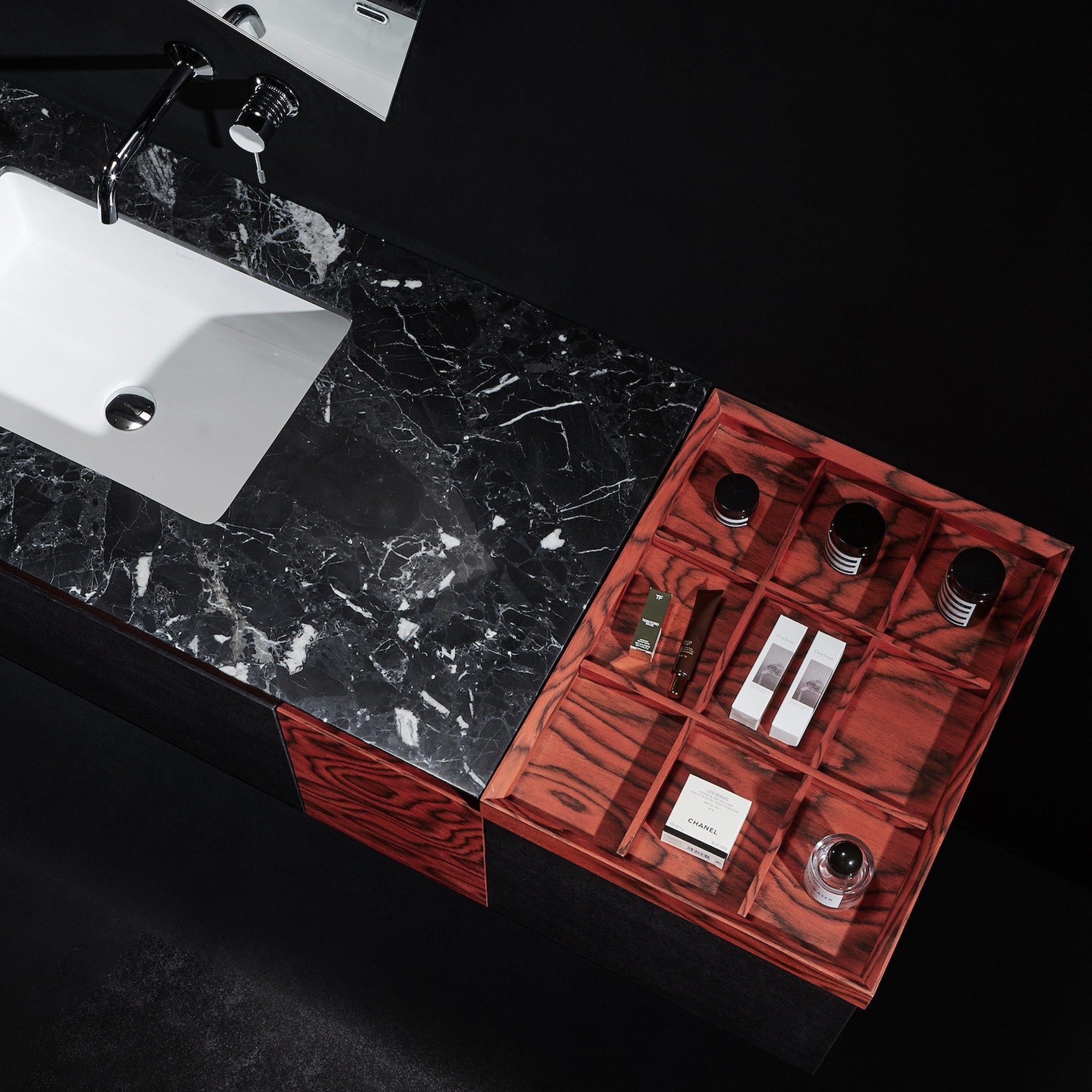 VANTA Custom Bathroom Vanity with Serene Marble Top and Decorative Wood Veneer