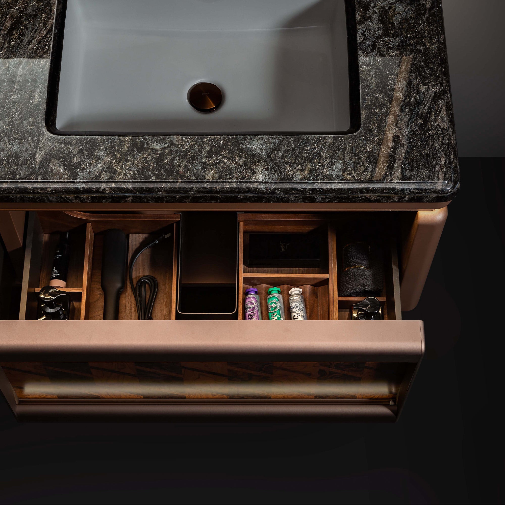 EMBER Custom Bathroom Vanity with Black Marble Top and High-Gloss Metallic Finish