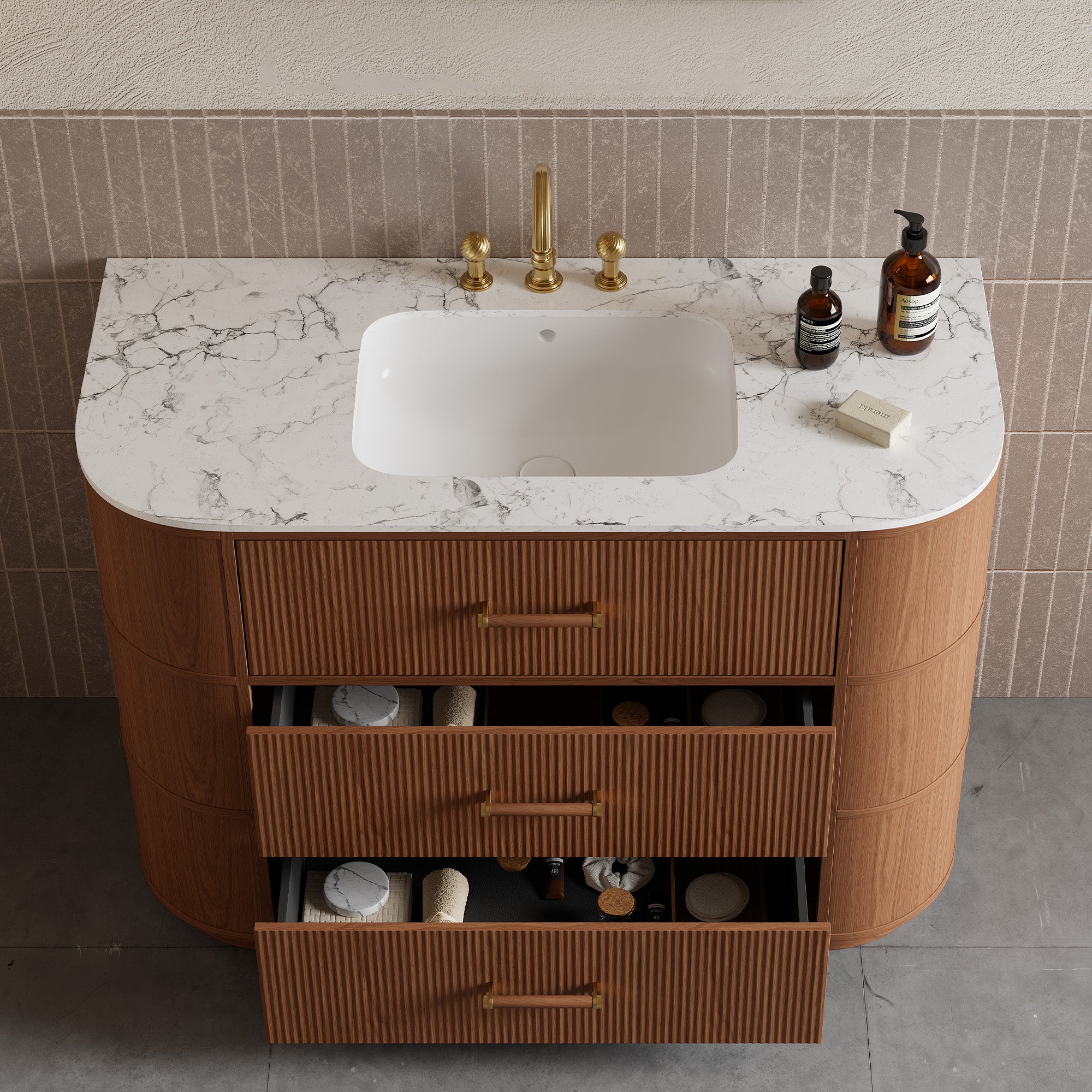 CALVERA Custom Bathroom Vanity Solid Wood with Veneer Marble Top Ceramic Basin