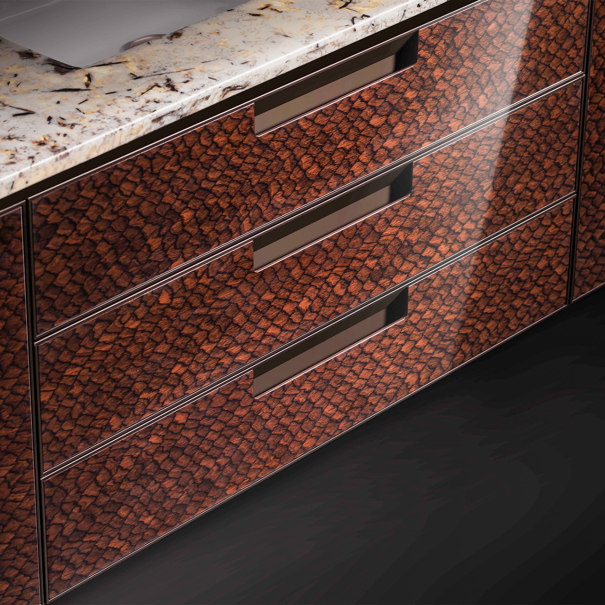SOLSTICE Custom Bathroom Vanity with Silver Marble Top and Ambient Lighting