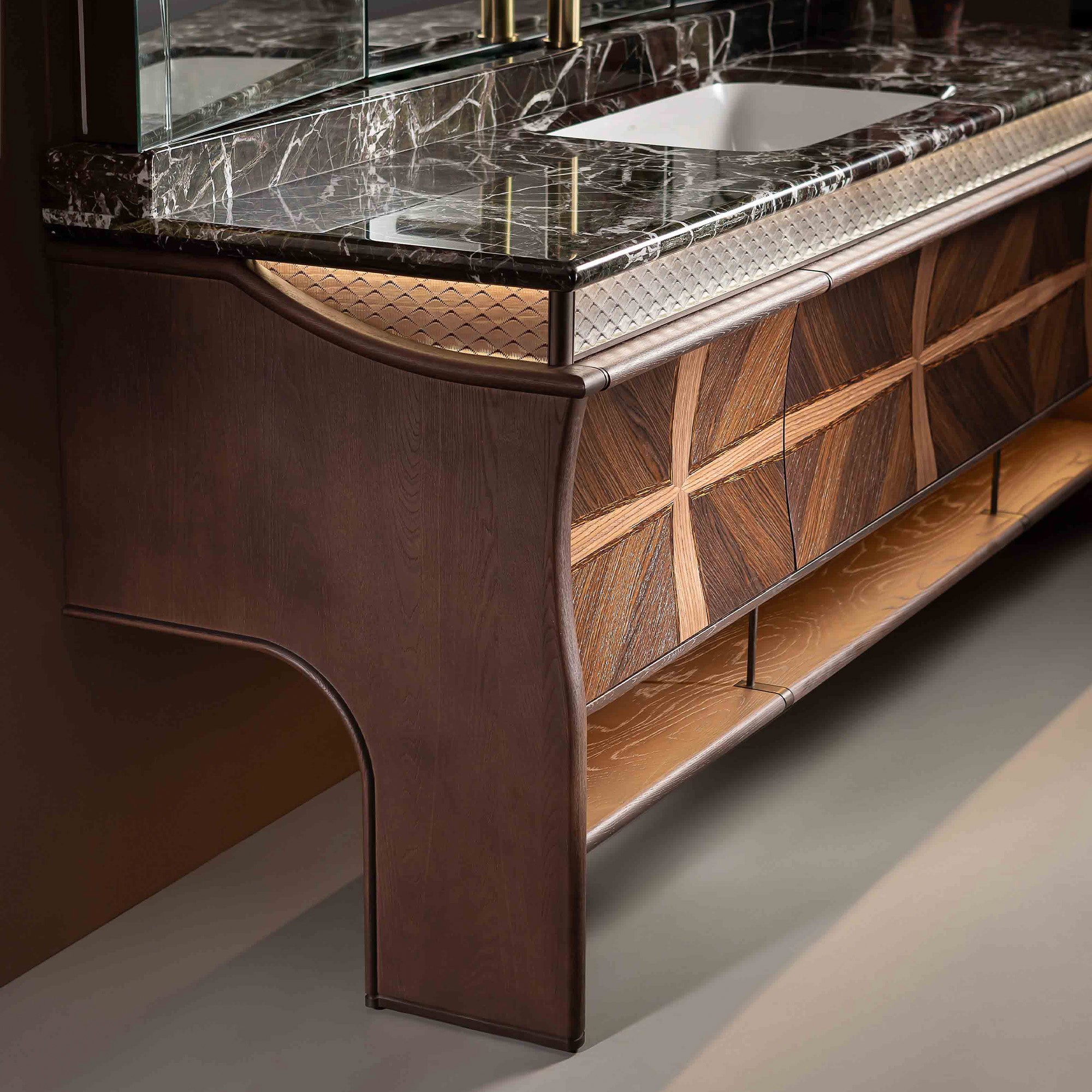 FACET Custom Bathroom Vanity with Purple Stone Top and Textured Wood Finish