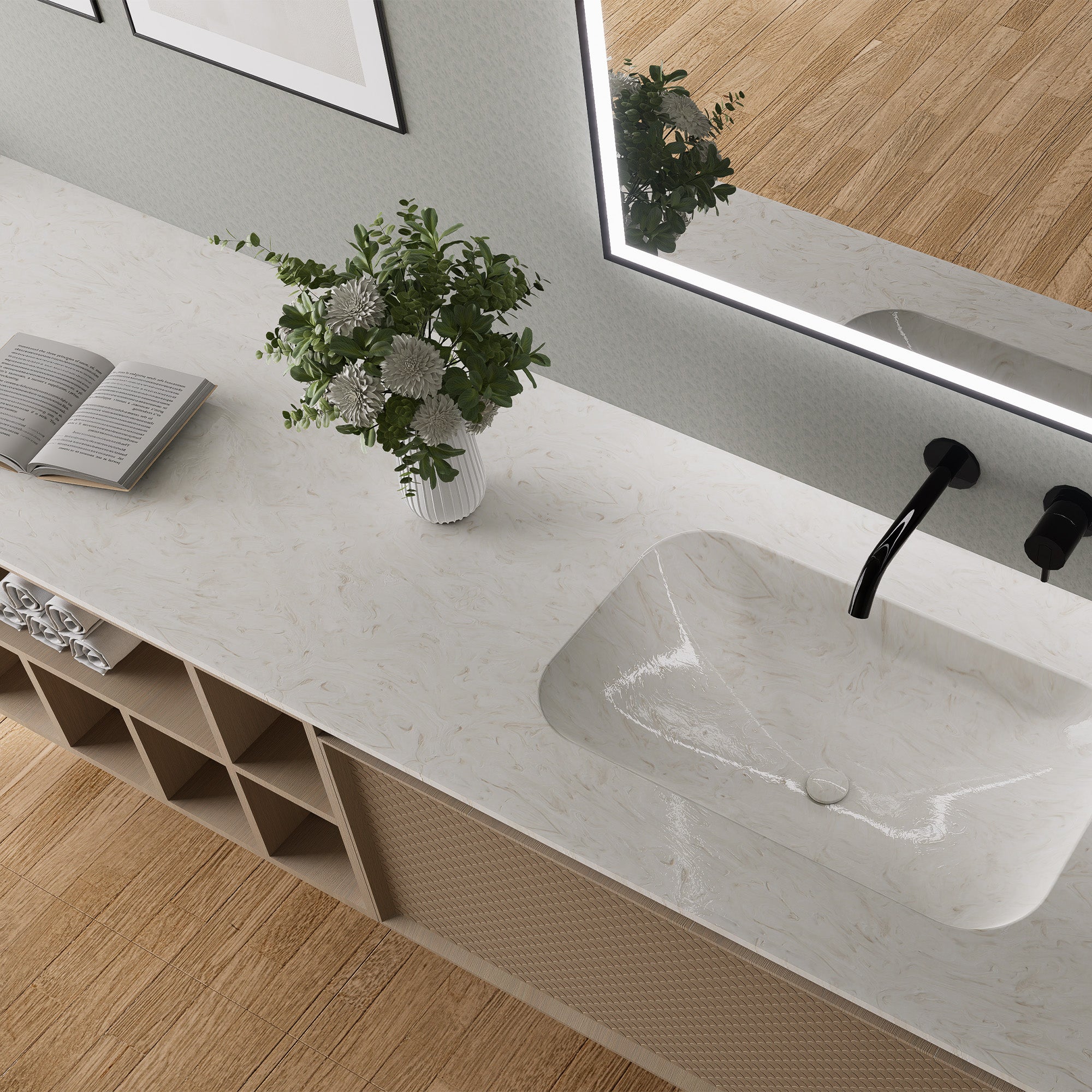 SOLARA Custom Bathroom Vanity Double Sink Cultured Marble Top Solid Wood Cabinet