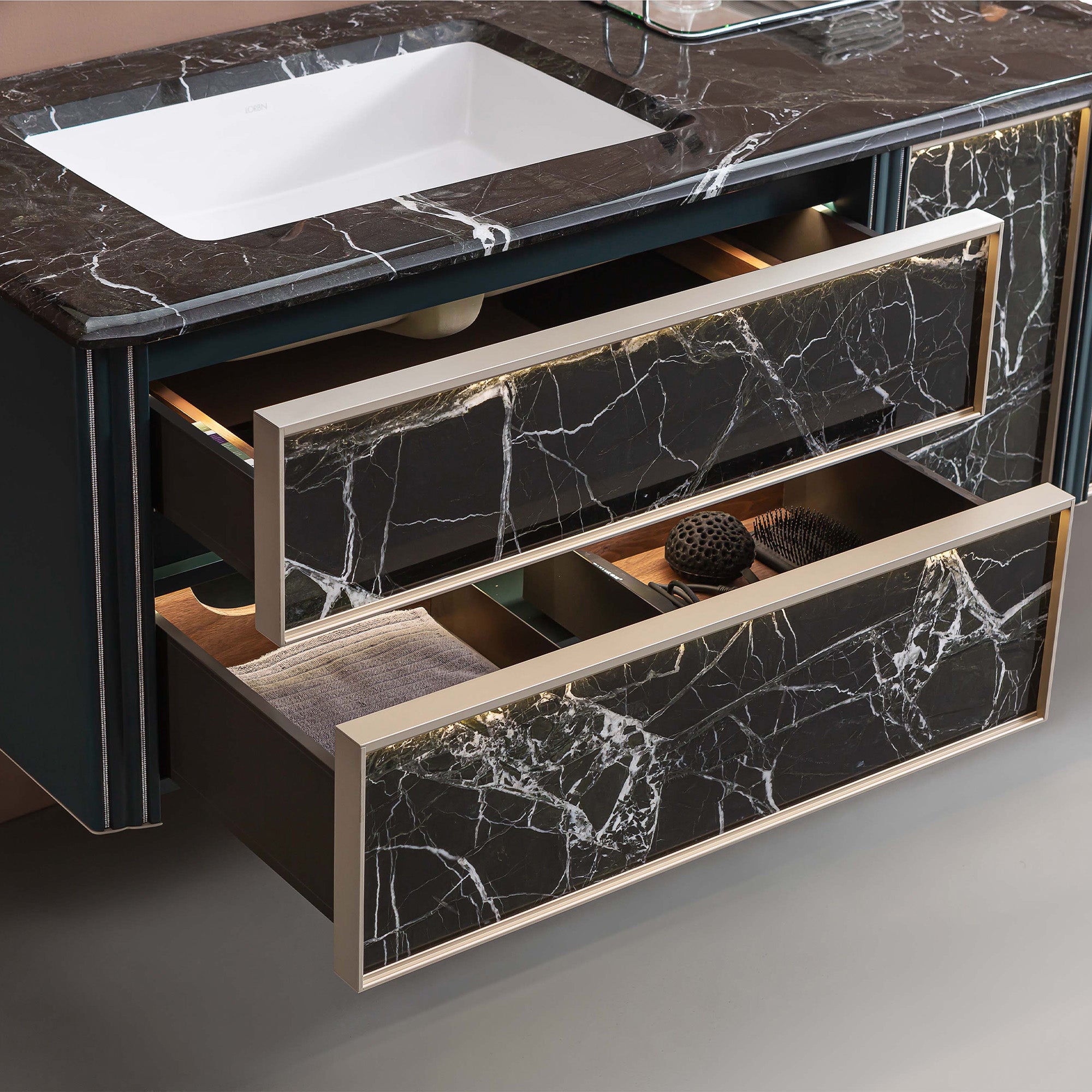 IMPERIAL Custom Bathroom Vanity with Green Marble Top and Lacquered Wood Finish