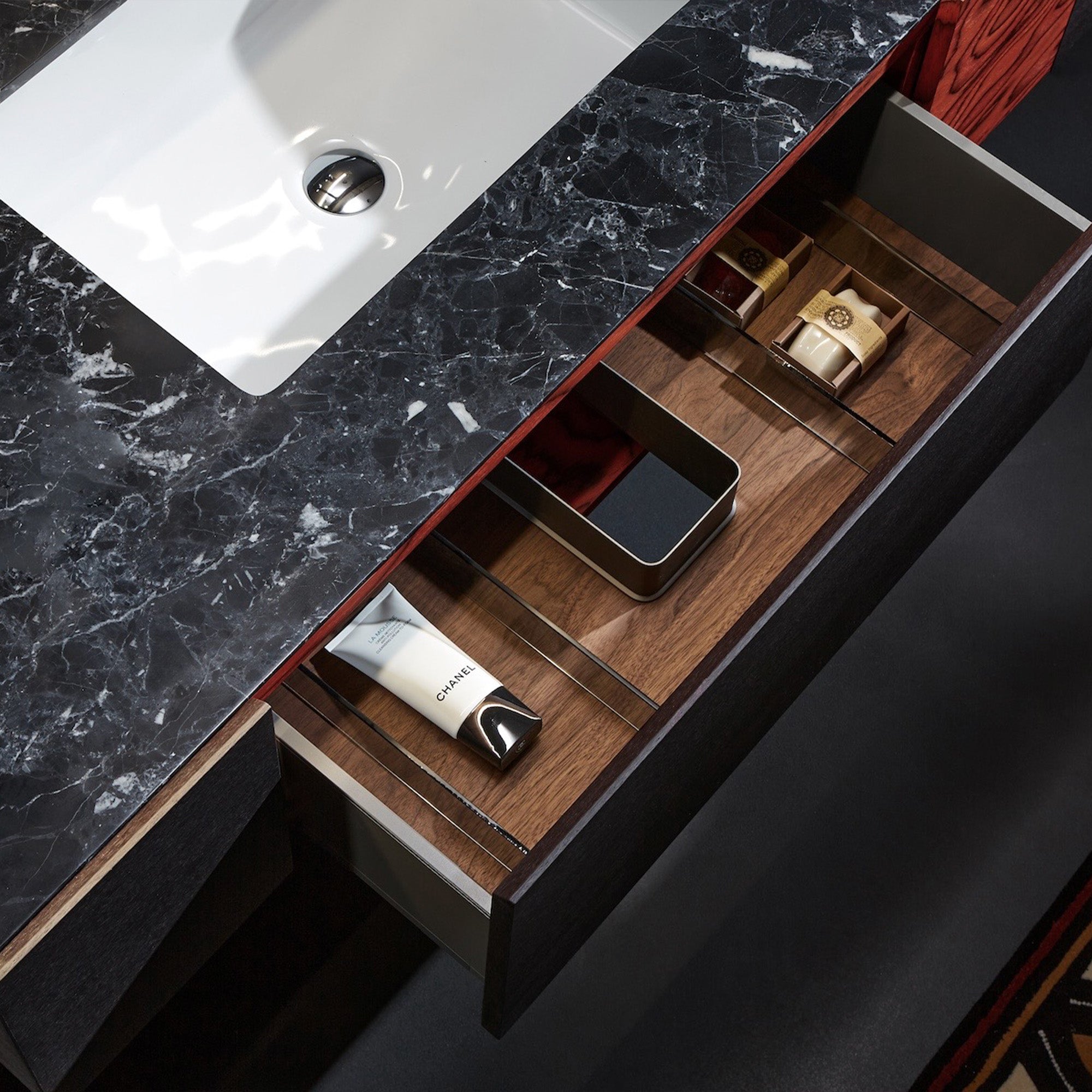 VANTA Custom Bathroom Vanity with Serene Marble Top and Decorative Wood Veneer