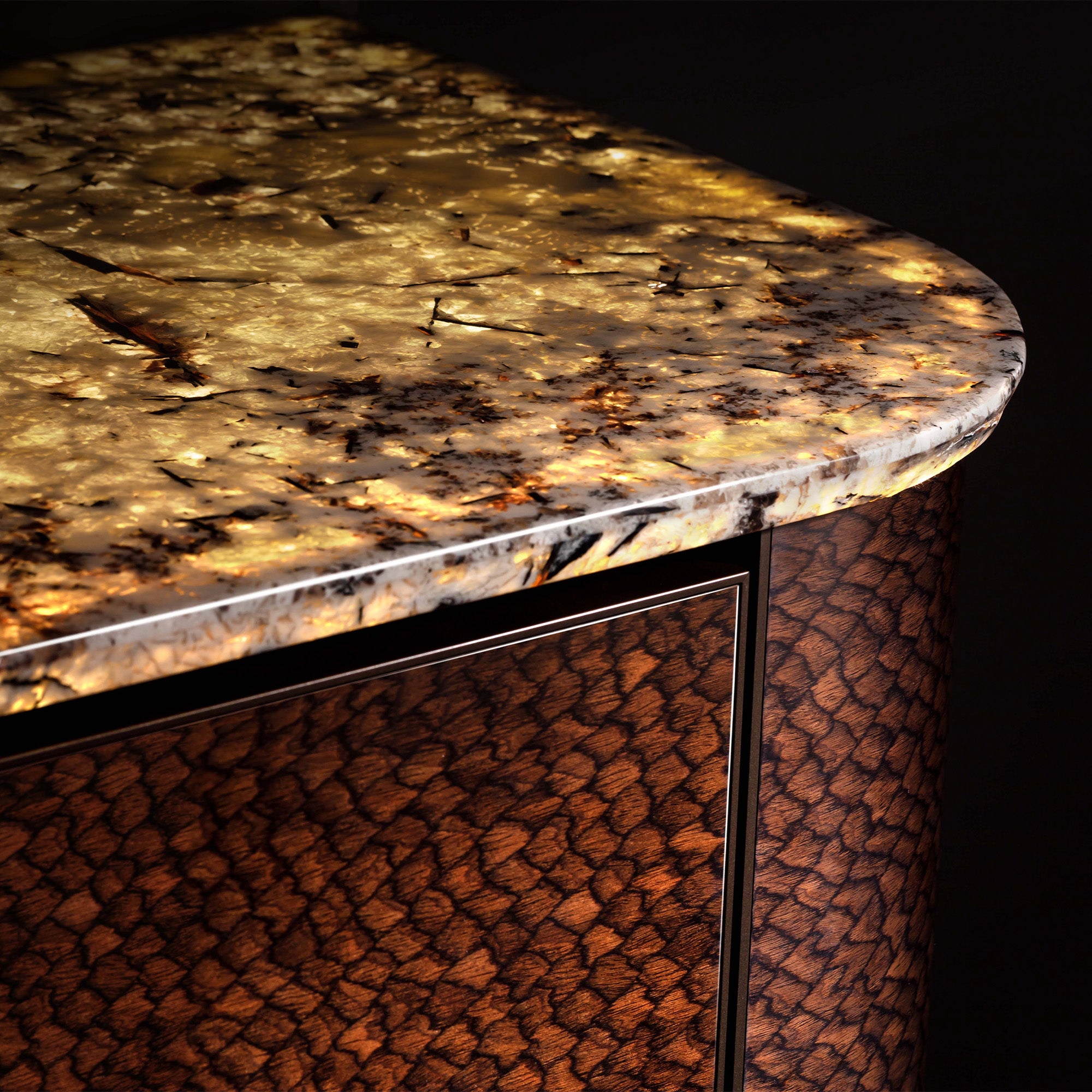 SOLSTICE Custom Bathroom Vanity with Silver Marble Top and Ambient Lighting