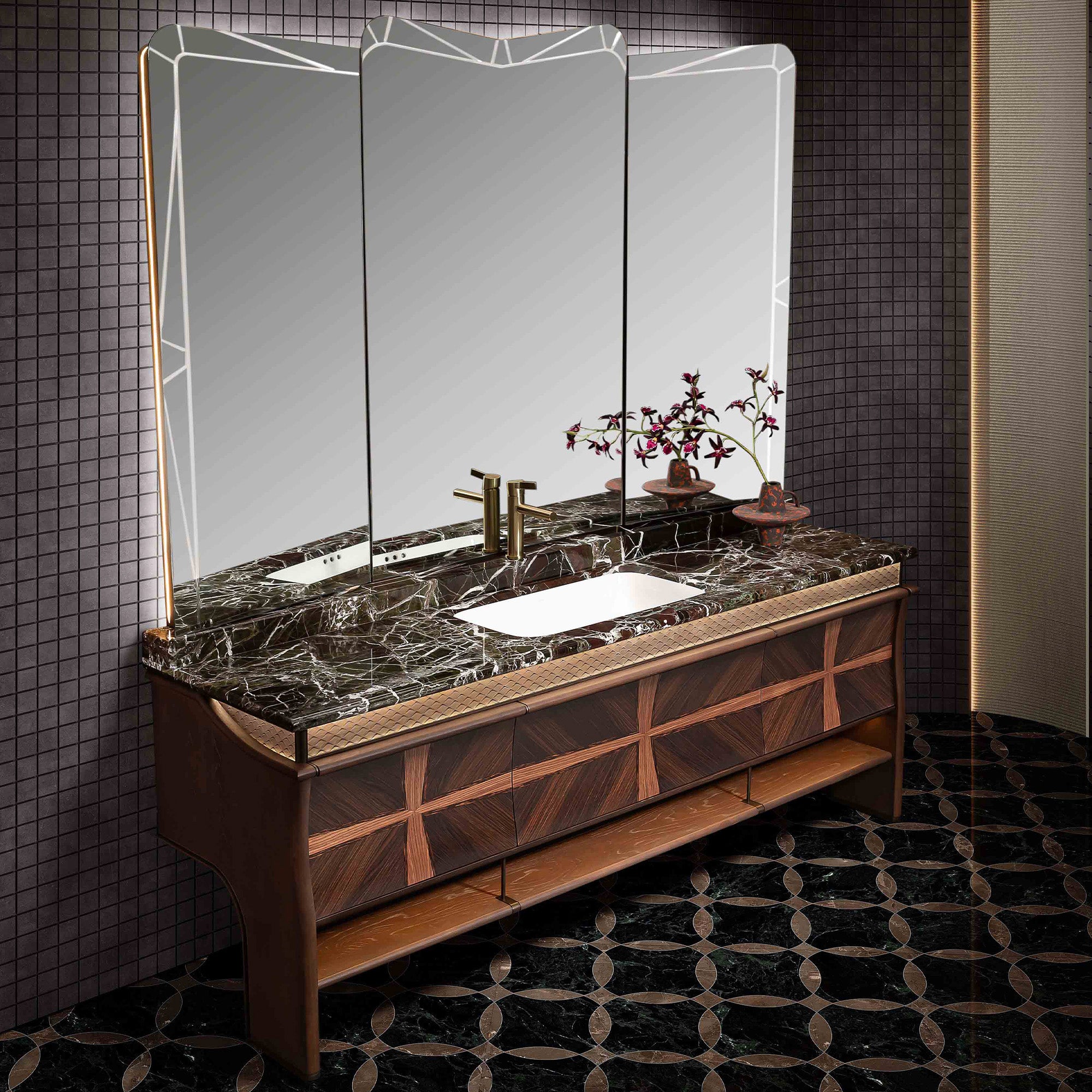FACET Custom Bathroom Vanity with Purple Stone Top and Textured Wood Finish
