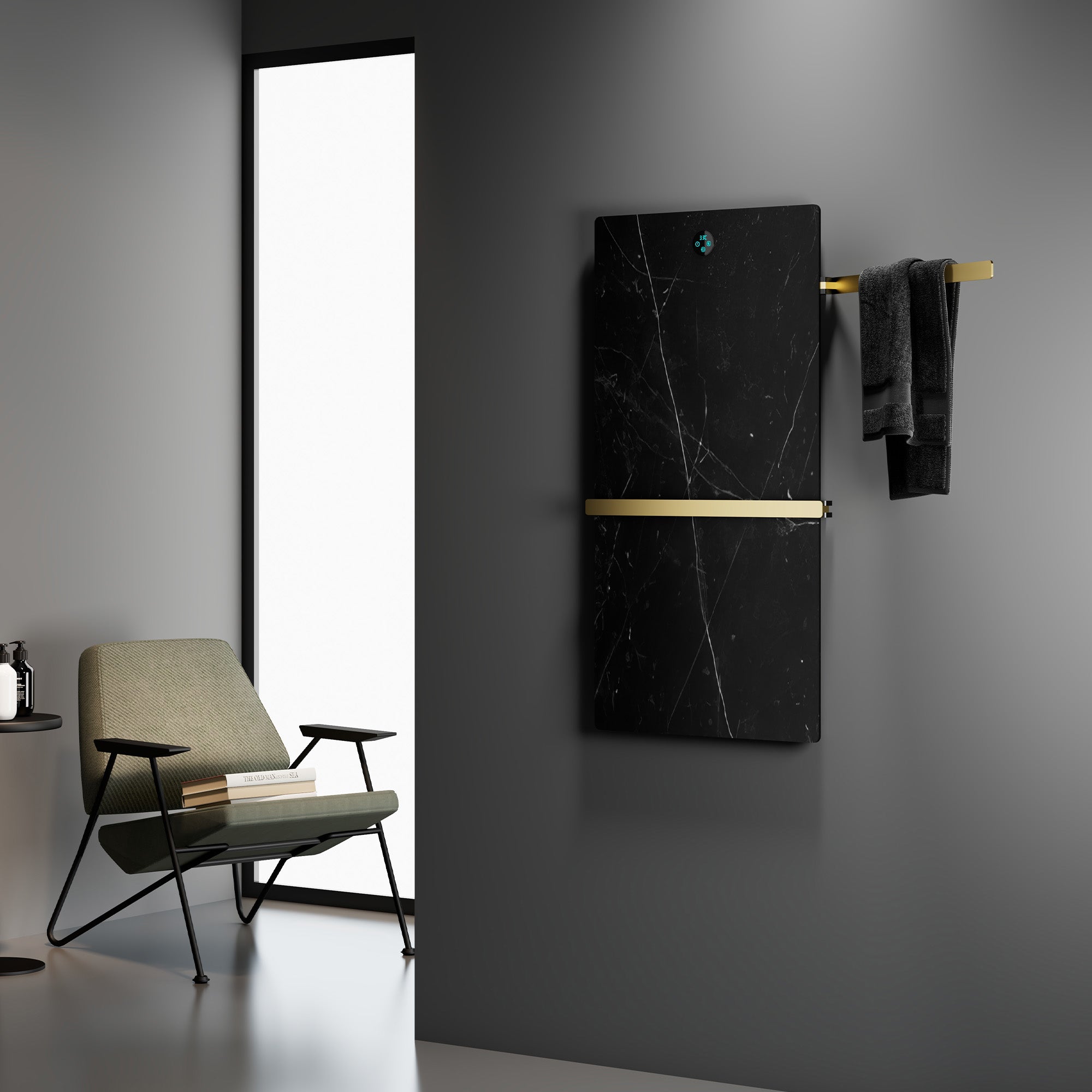 HALOA Heated Towel Rack with Shelf Sintered Stone and Stainless Steel