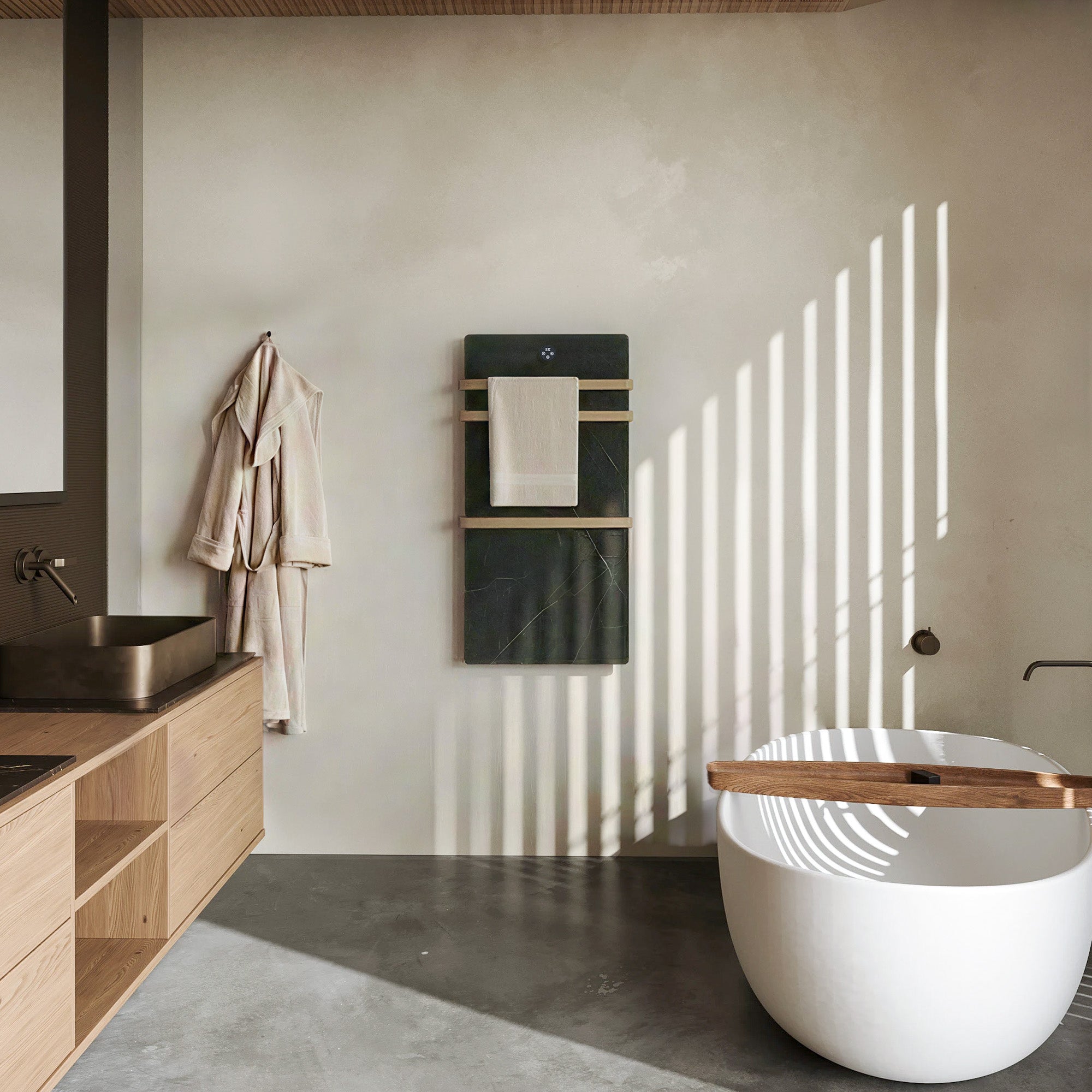 VELORA Triple Bar Heated Towel Rack with Sintered Stone and Stainless Steel