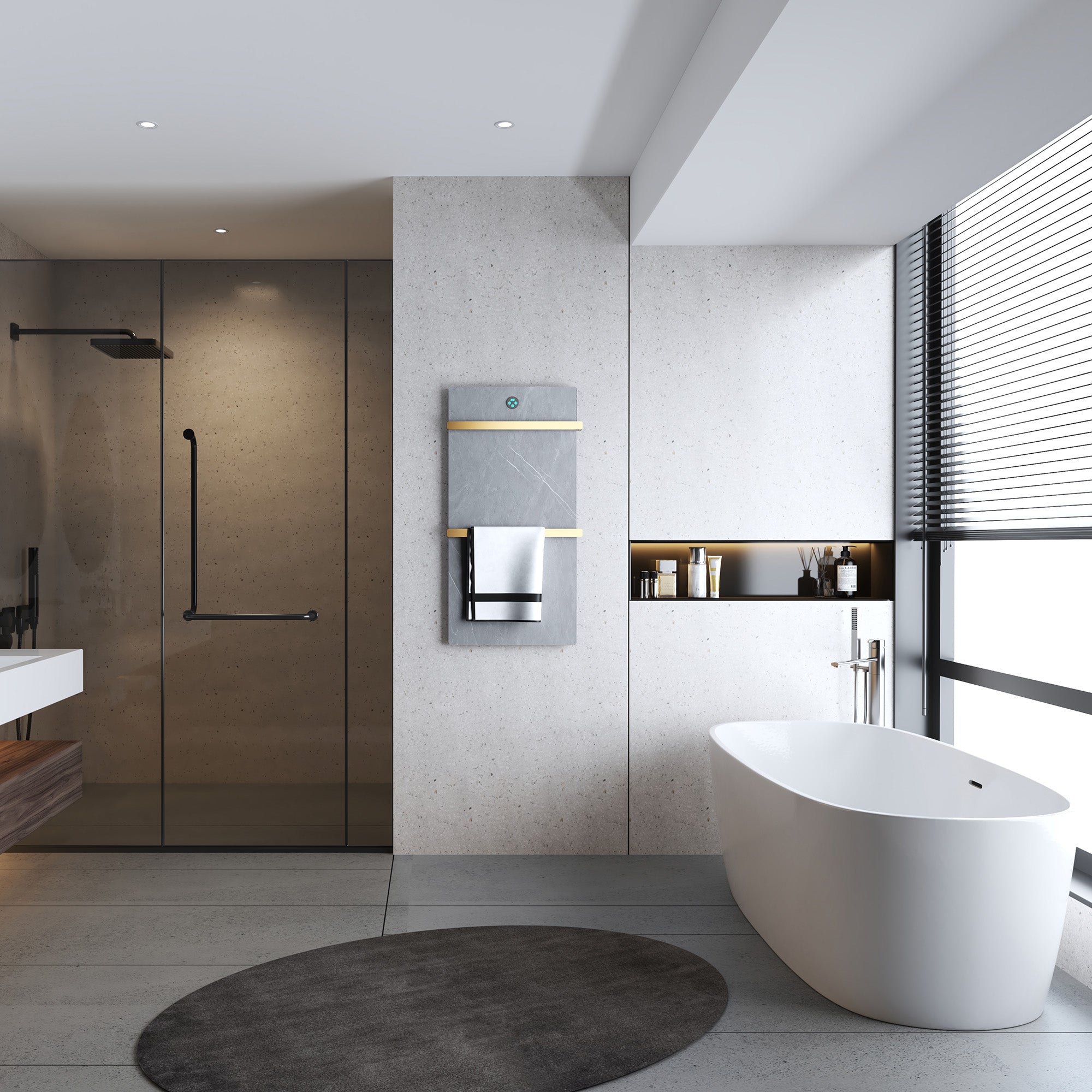 HALOA Heated Towel Rack with Shelf Sintered Stone and Stainless Steel