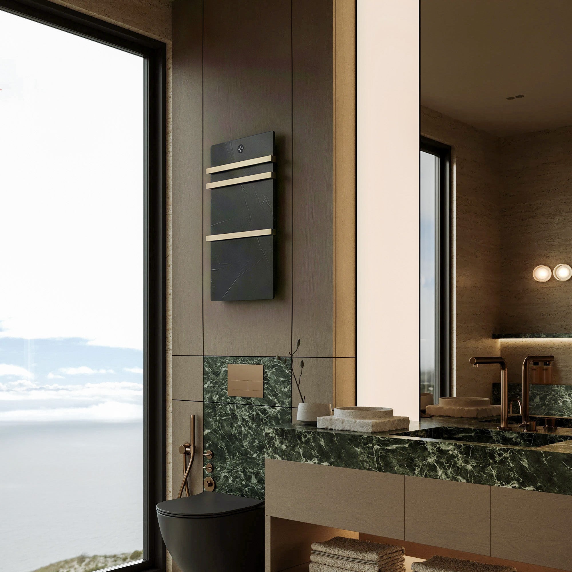 VELORA Triple Bar Heated Towel Rack with Sintered Stone and Stainless Steel