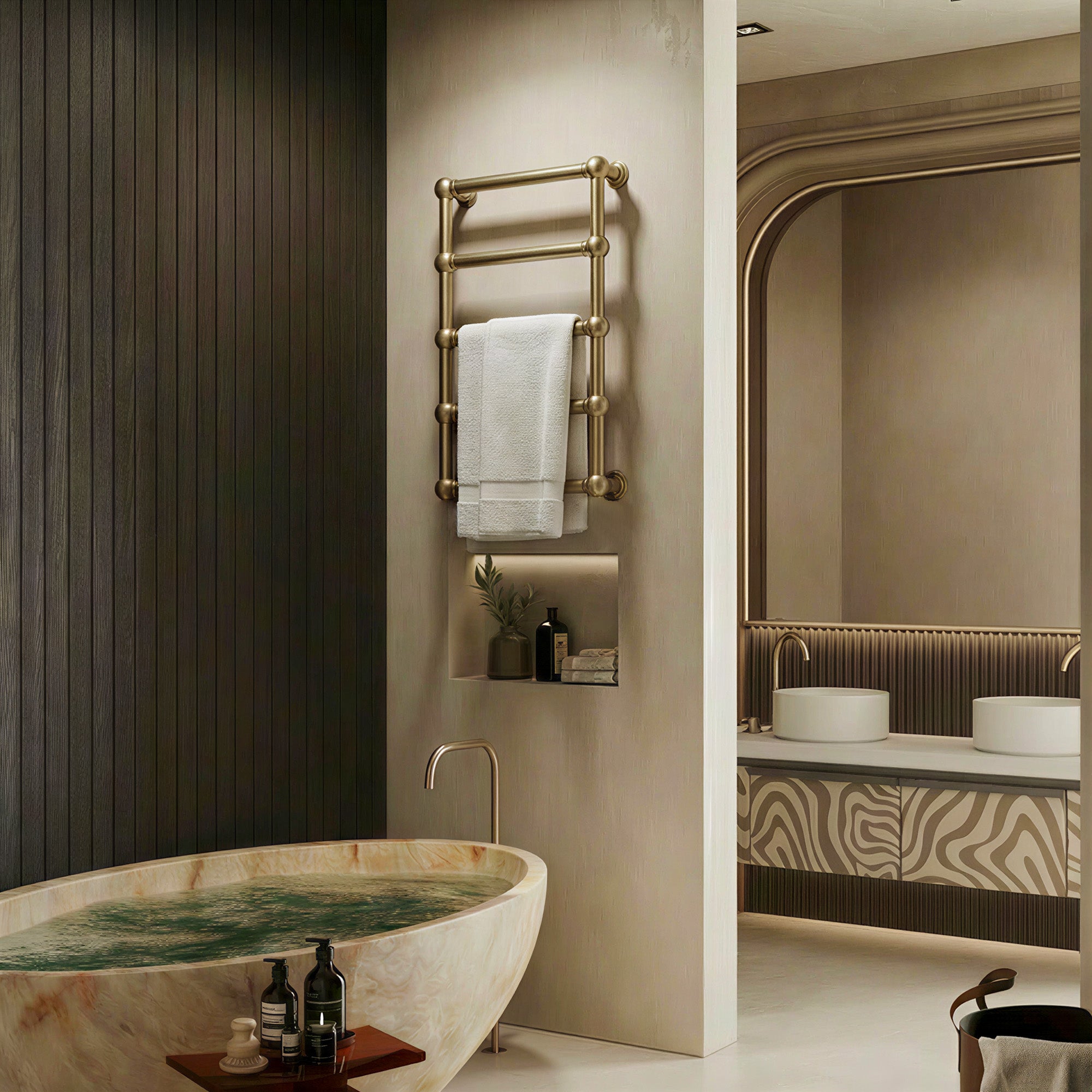 ASHORE Heated Towel Rack with Brushed Gold Finish and Brass Body