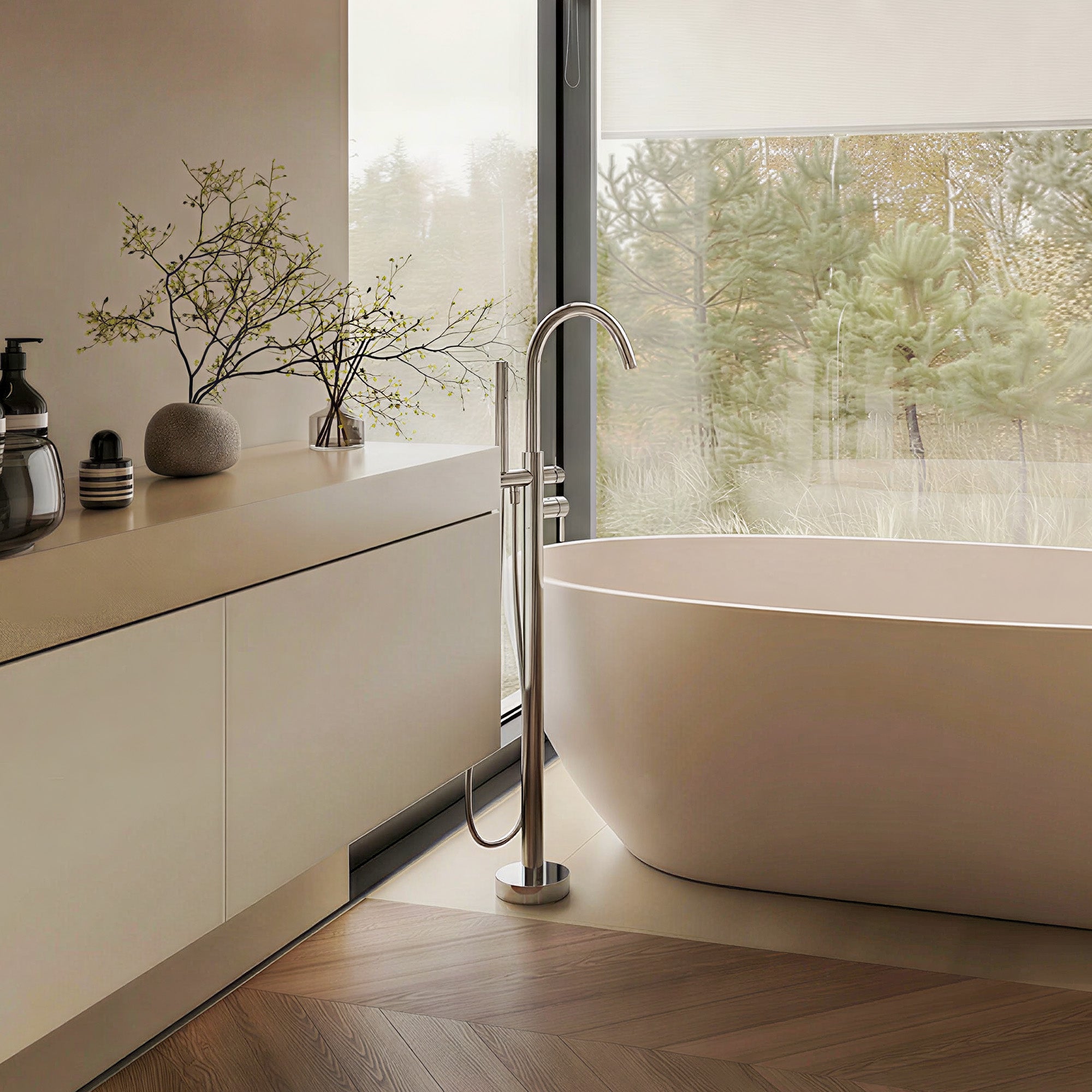 AURALIS Floor Mounted Tub Filler Crafted from Brass Freestanding Bathtub Faucet