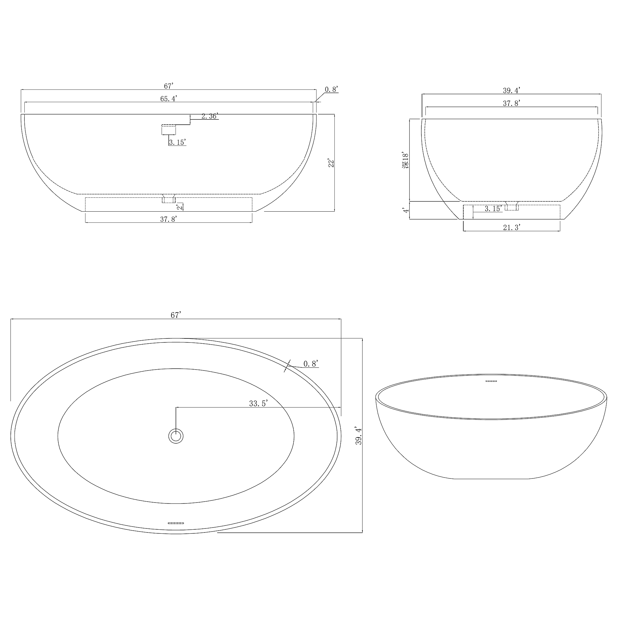 NOCTARA Freestanding Soaking Bathtub 67" For Two-Person Relaxation