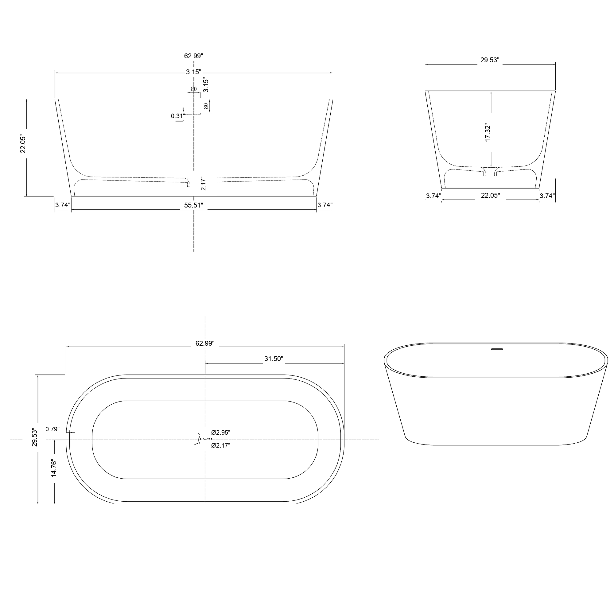 THALOR Rectangular Freestanding Soaking Bathtub 63" & 67" For Deep Soaking