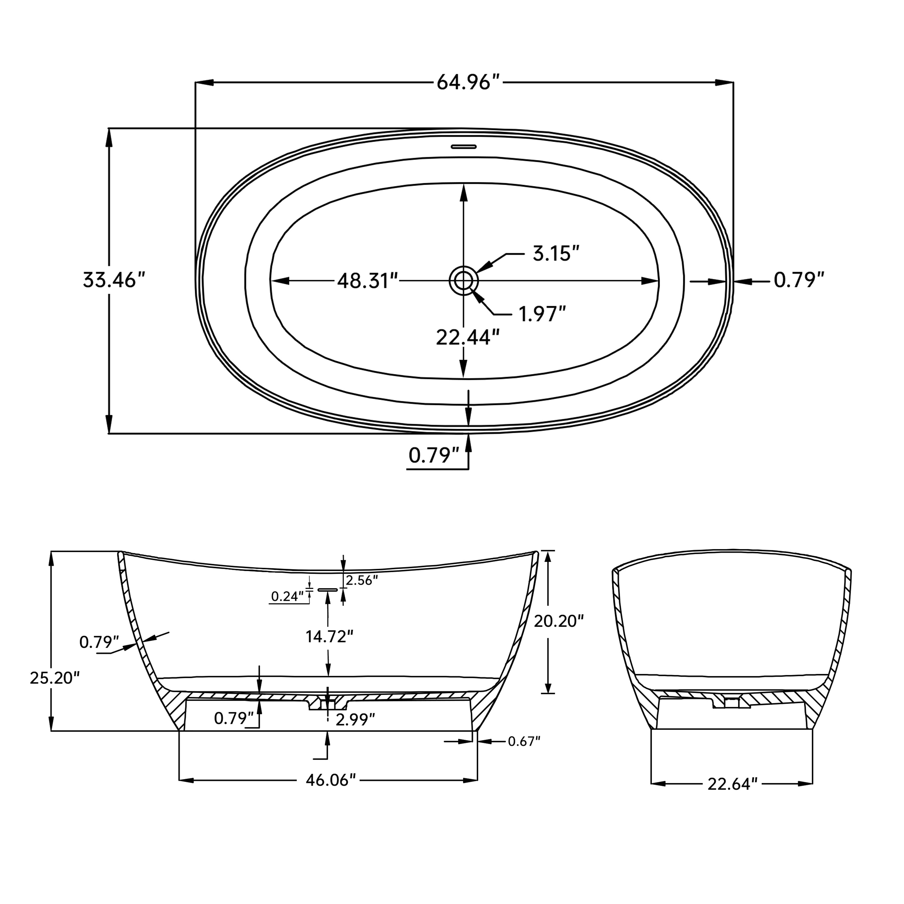 CALMAE High Back Freestanding Bathtub 65" For Full Body Relaxation