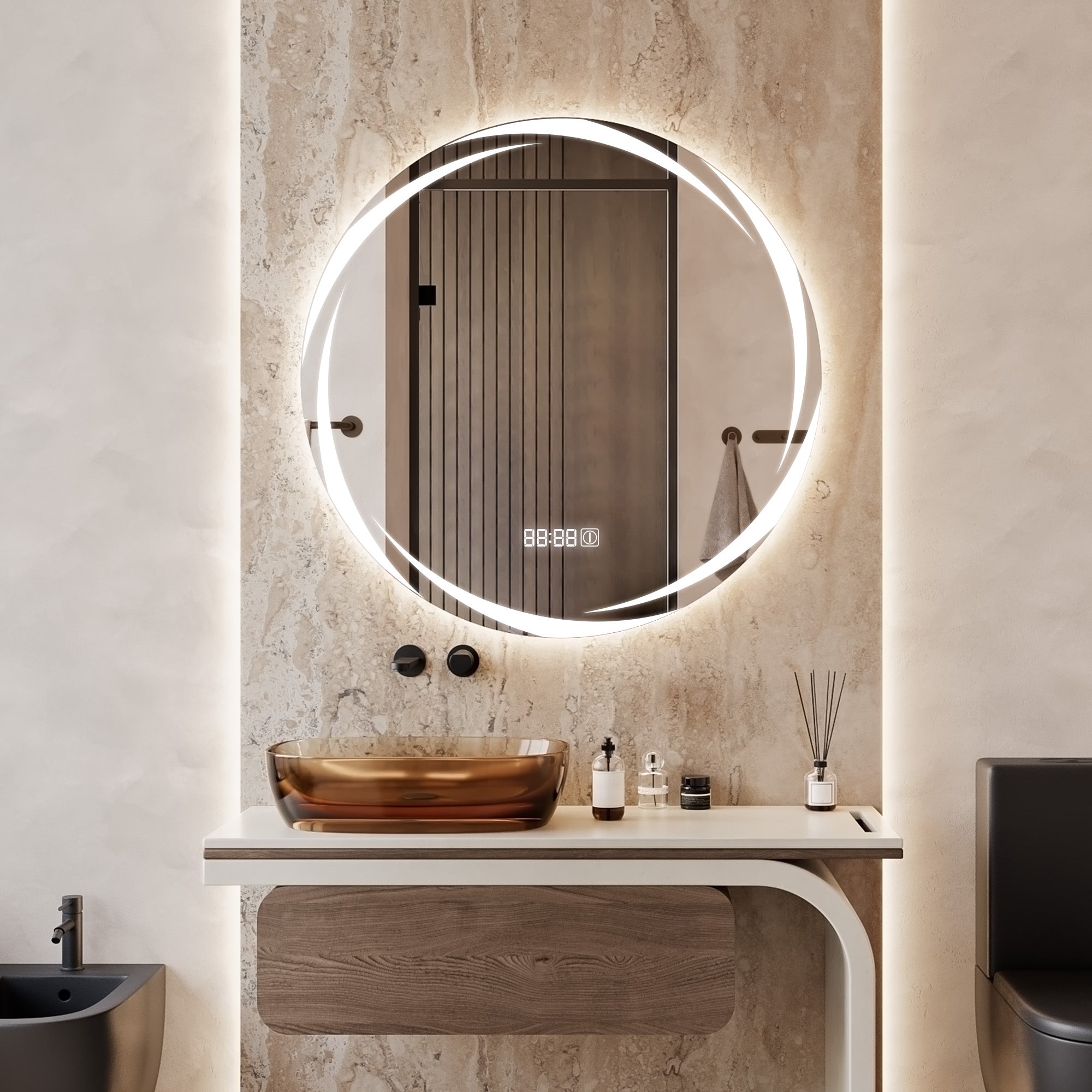 erkki round led metal dresser mirror Erkki Metal Round LED Mirror