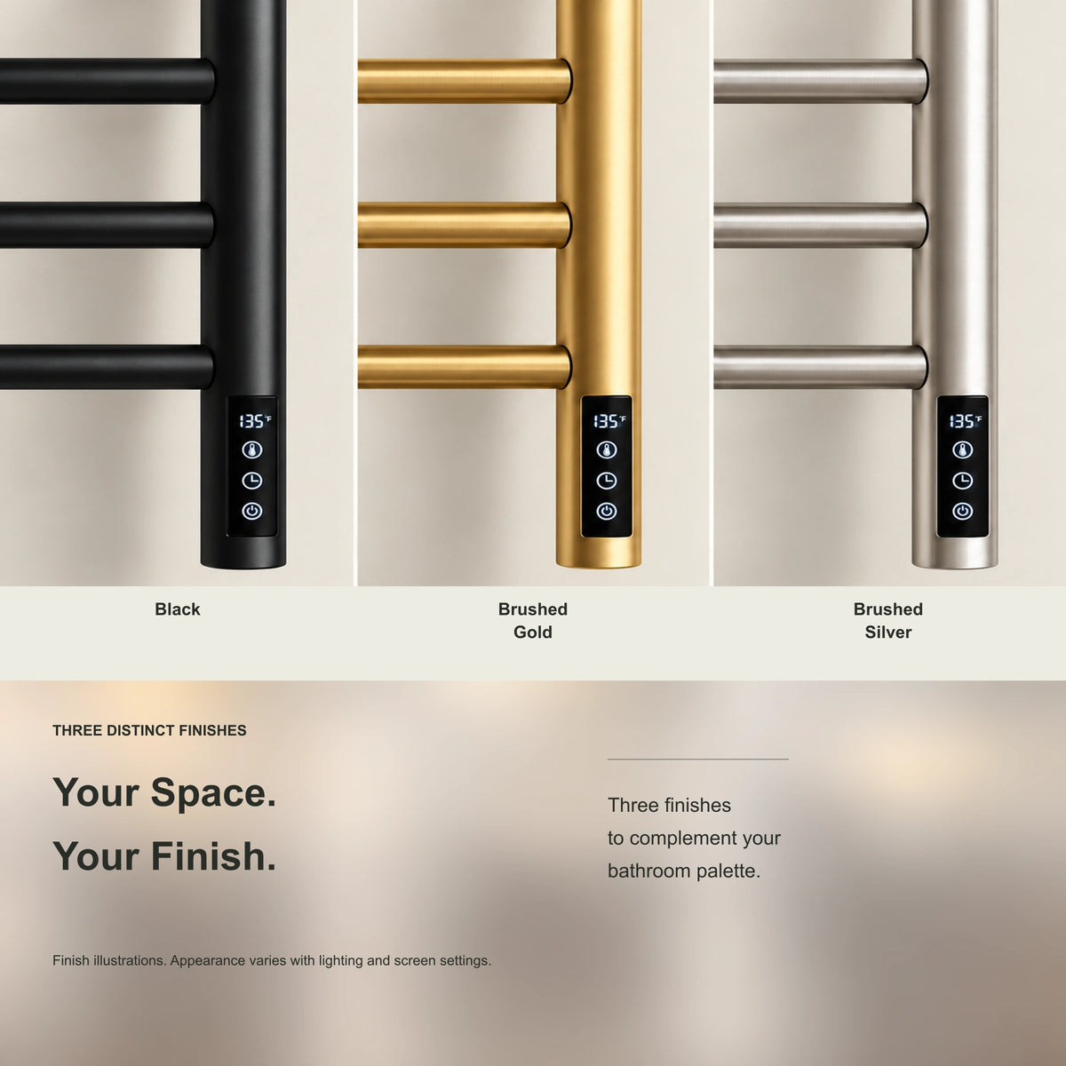 ALNAIR heated towel rack showing black, brushed gold and brushed silver finish options.