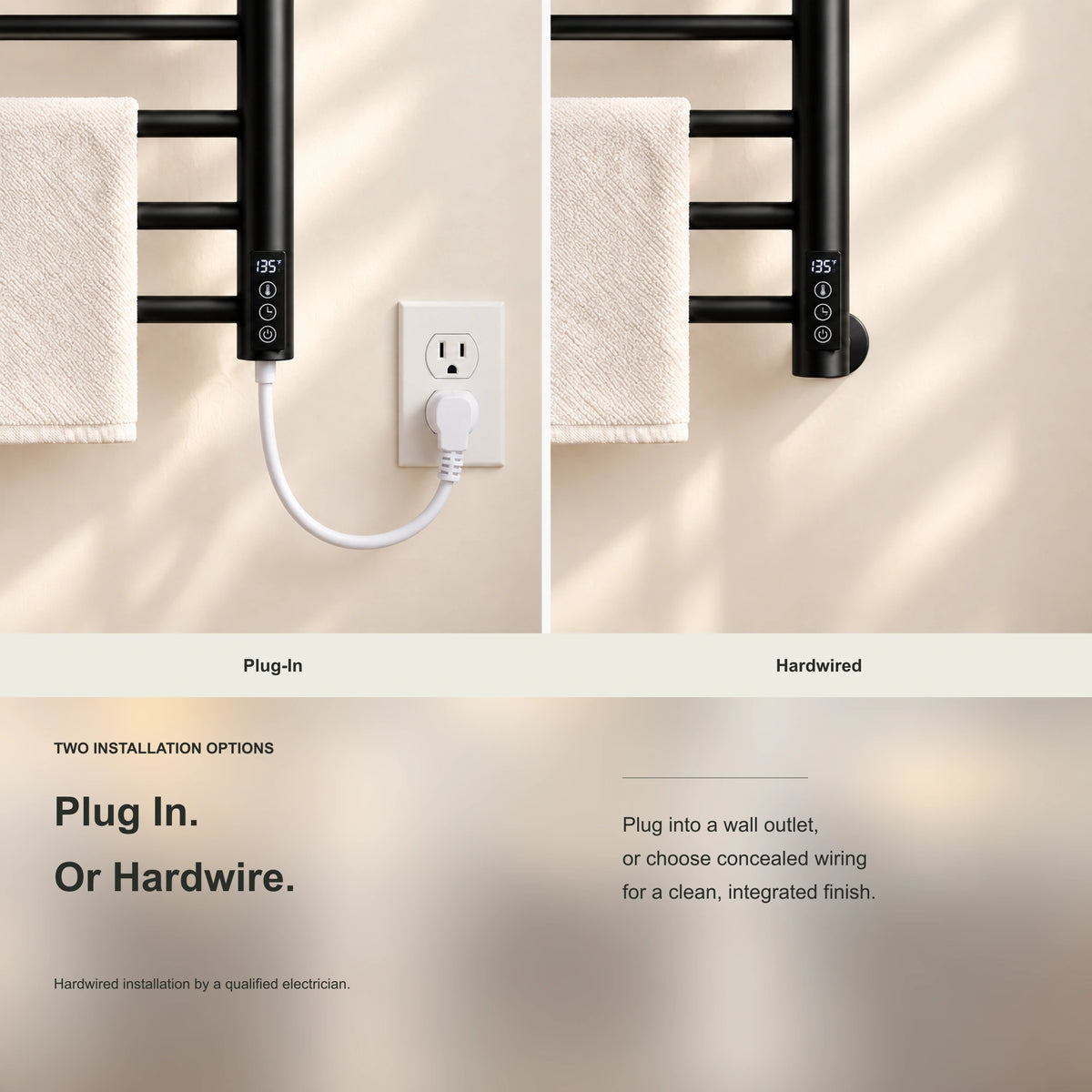 ALNAIR heated towel rack showing plug-in and hardwired installation examples.