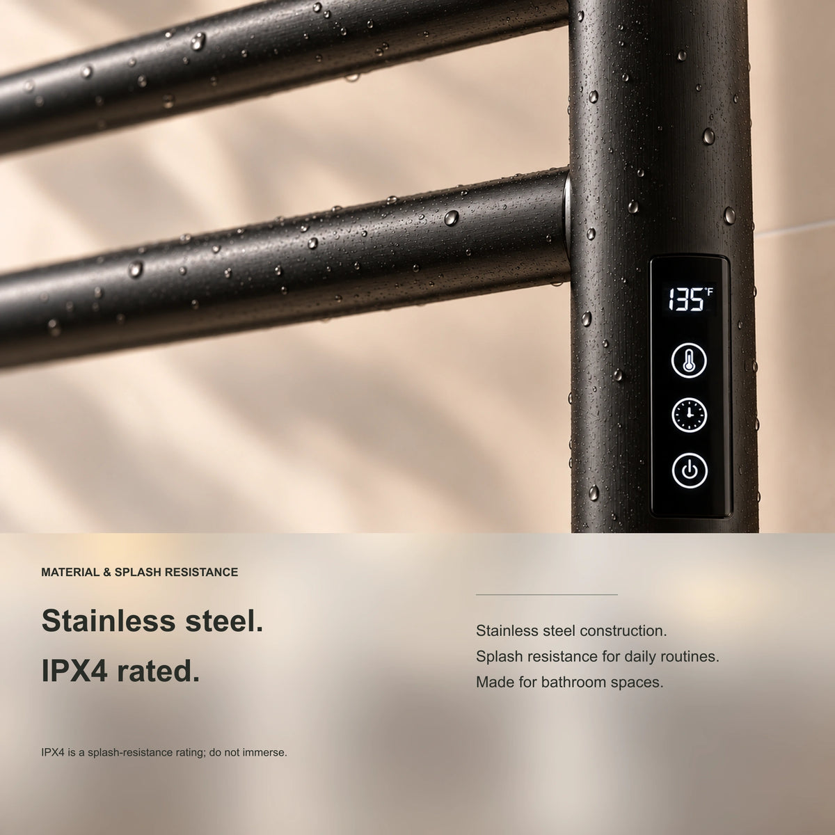 ALNAIR heated towel rack showing stainless steel rail close-up with water droplets and IPX4 rating information.