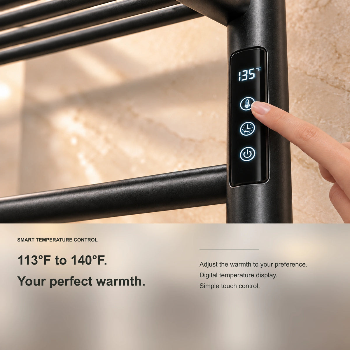 ALYA heated towel rack showing digital adjustable temperature control detail.