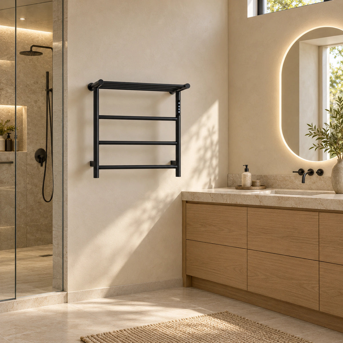 ALYA black heated towel rack with a top storage shelf and hanging rails mounted in a wood wabi sabi bathroom.