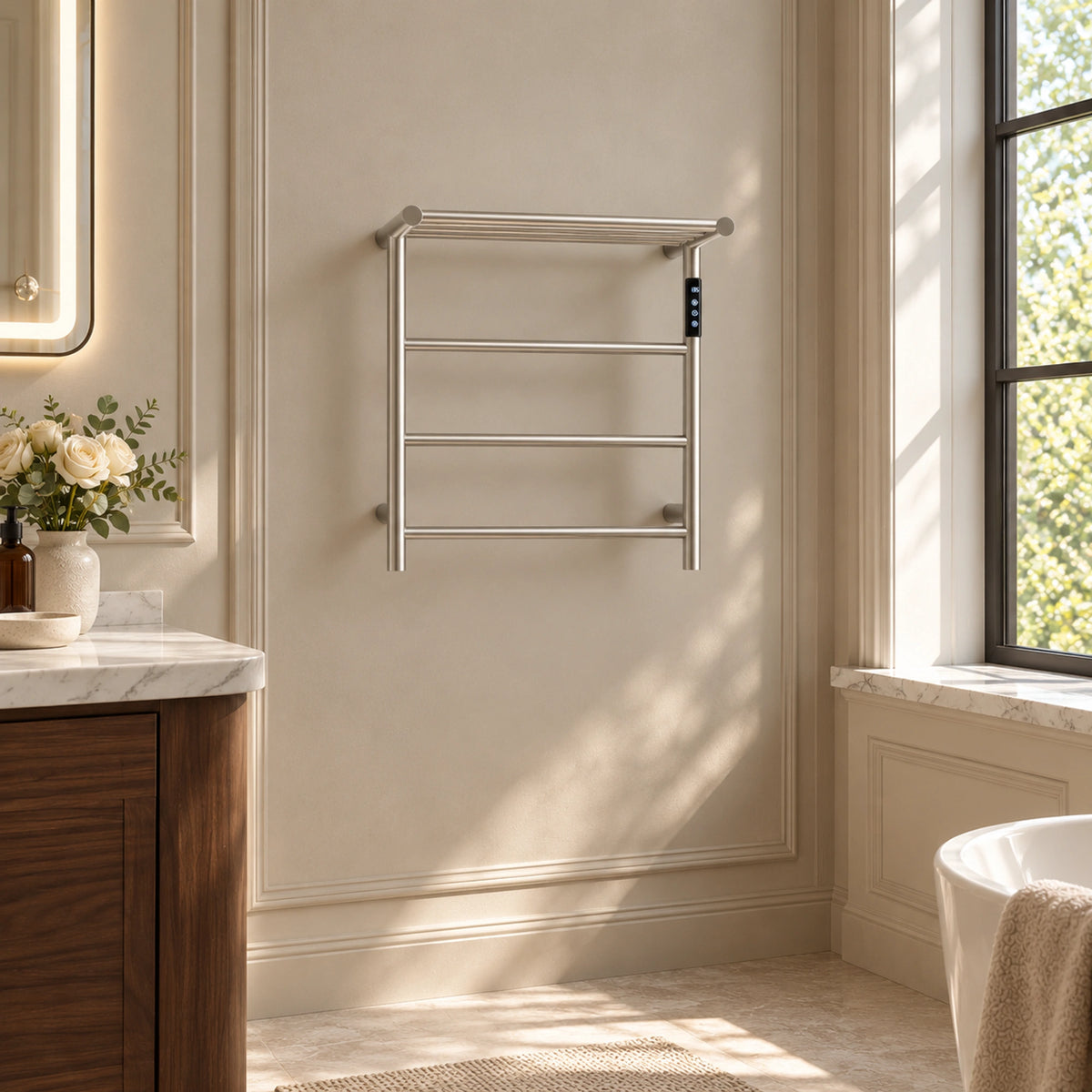 ALYA brushed silver heated towel rack with a top storage shelf and hanging rails mounted in a bathroom setting.