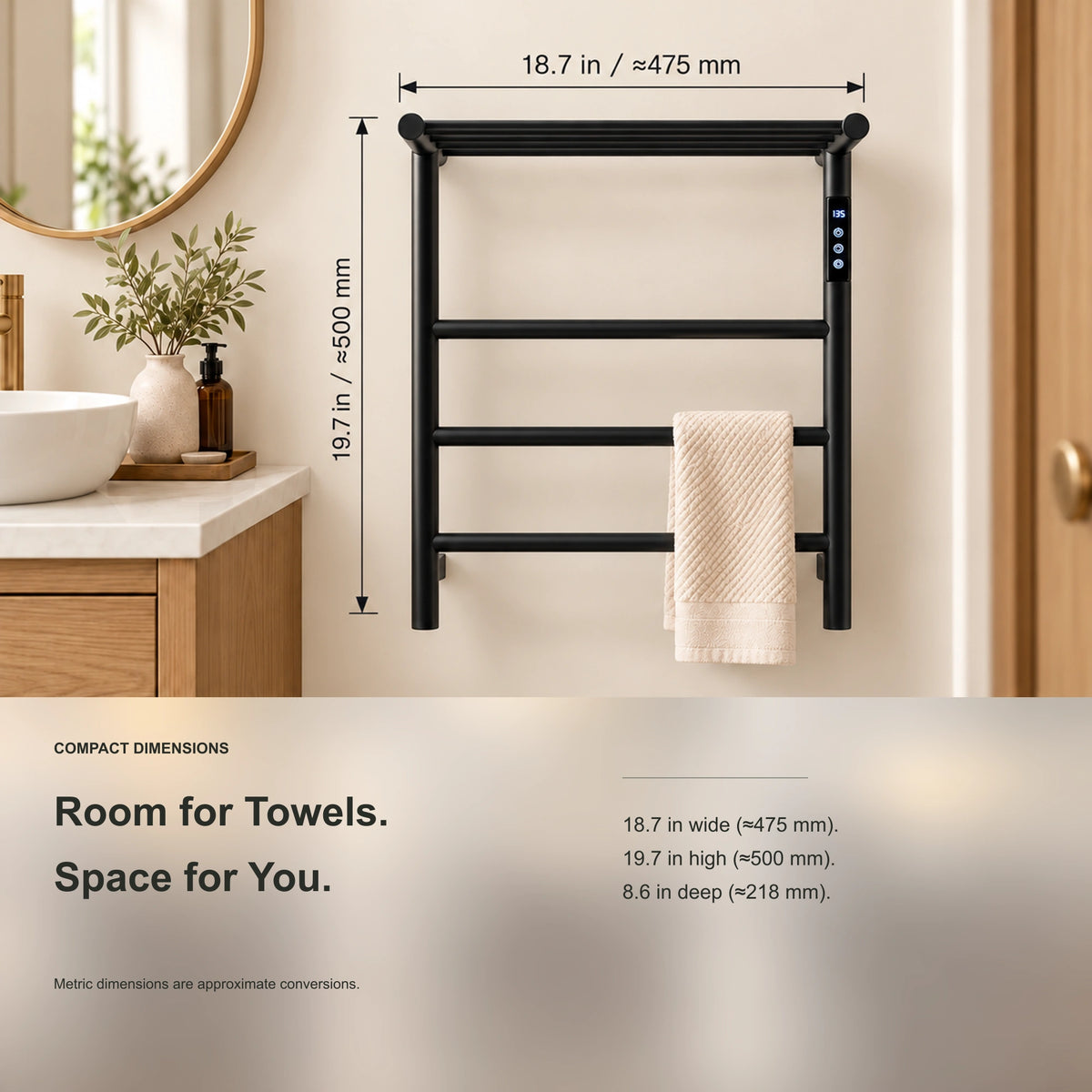 ALYA heated towel rack showing product width, height and depth measurements.