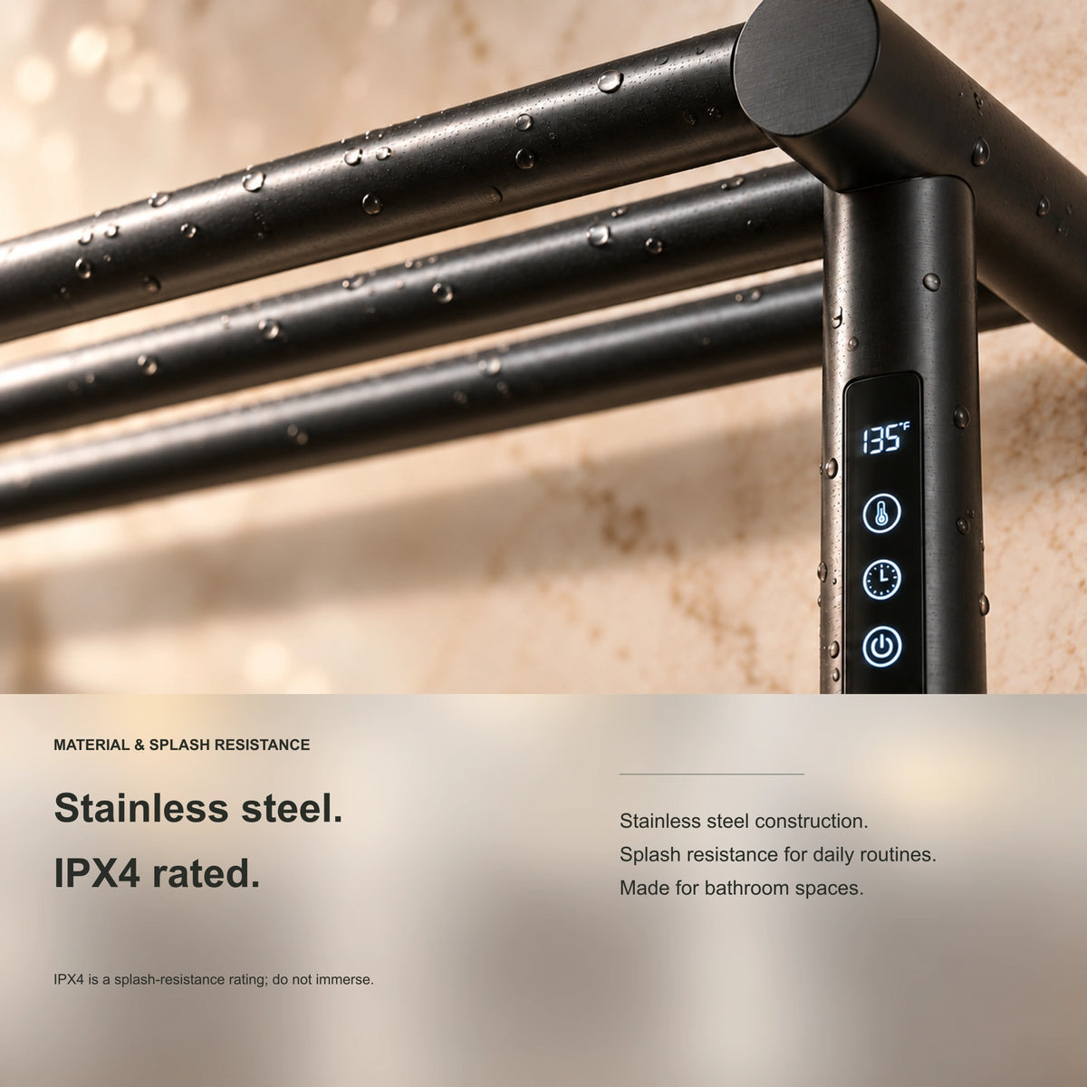 ALYA heated towel rack showing stainless steel rail close-up with water droplets and IPX4 rating information.