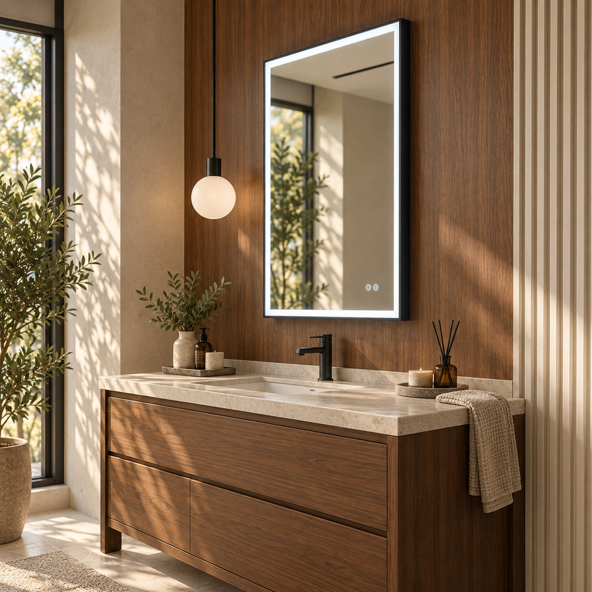 DENEB black framed LED vanity mirror lifestyle view