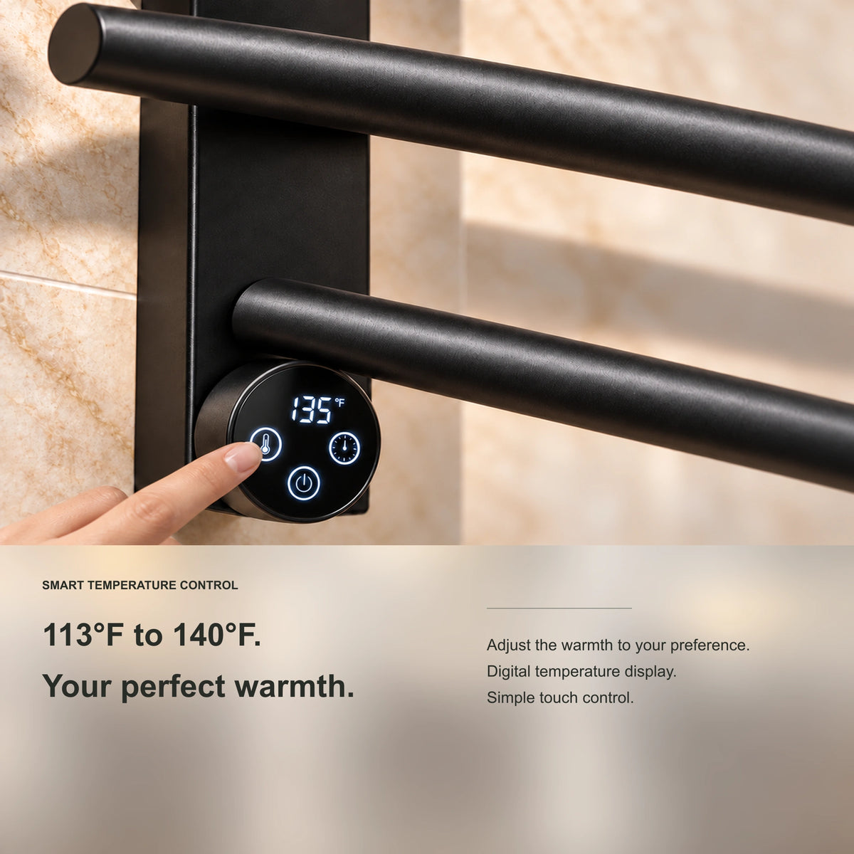 ENIF heated towel rack showing digital adjustable temperature control detail.