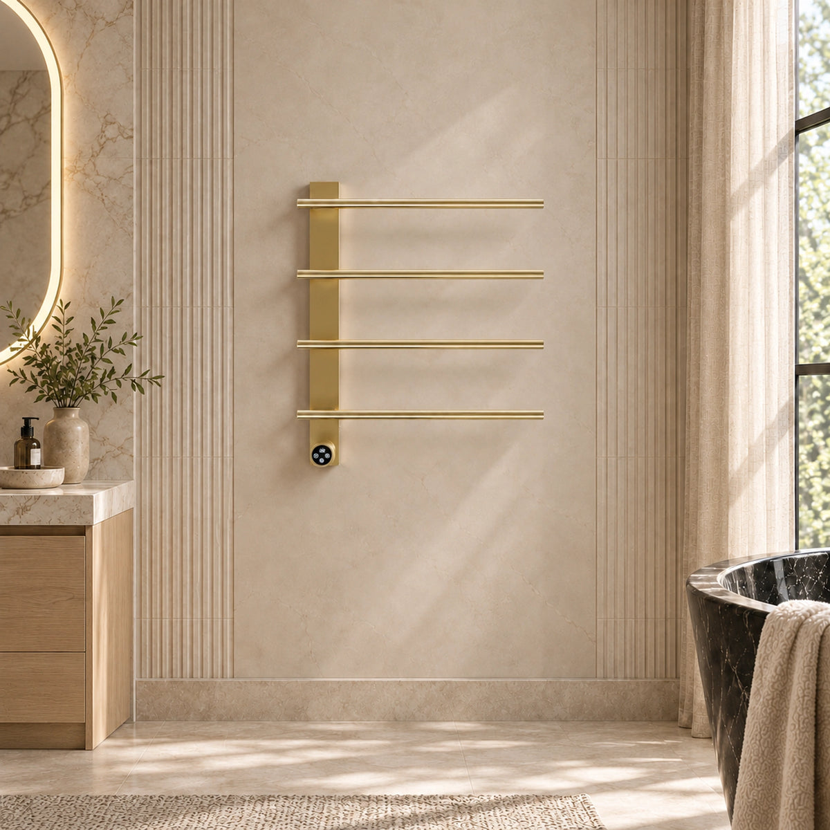 ENIF brushed gold heated towel rack with four open-ended arms mounted in a bathroom setting.
