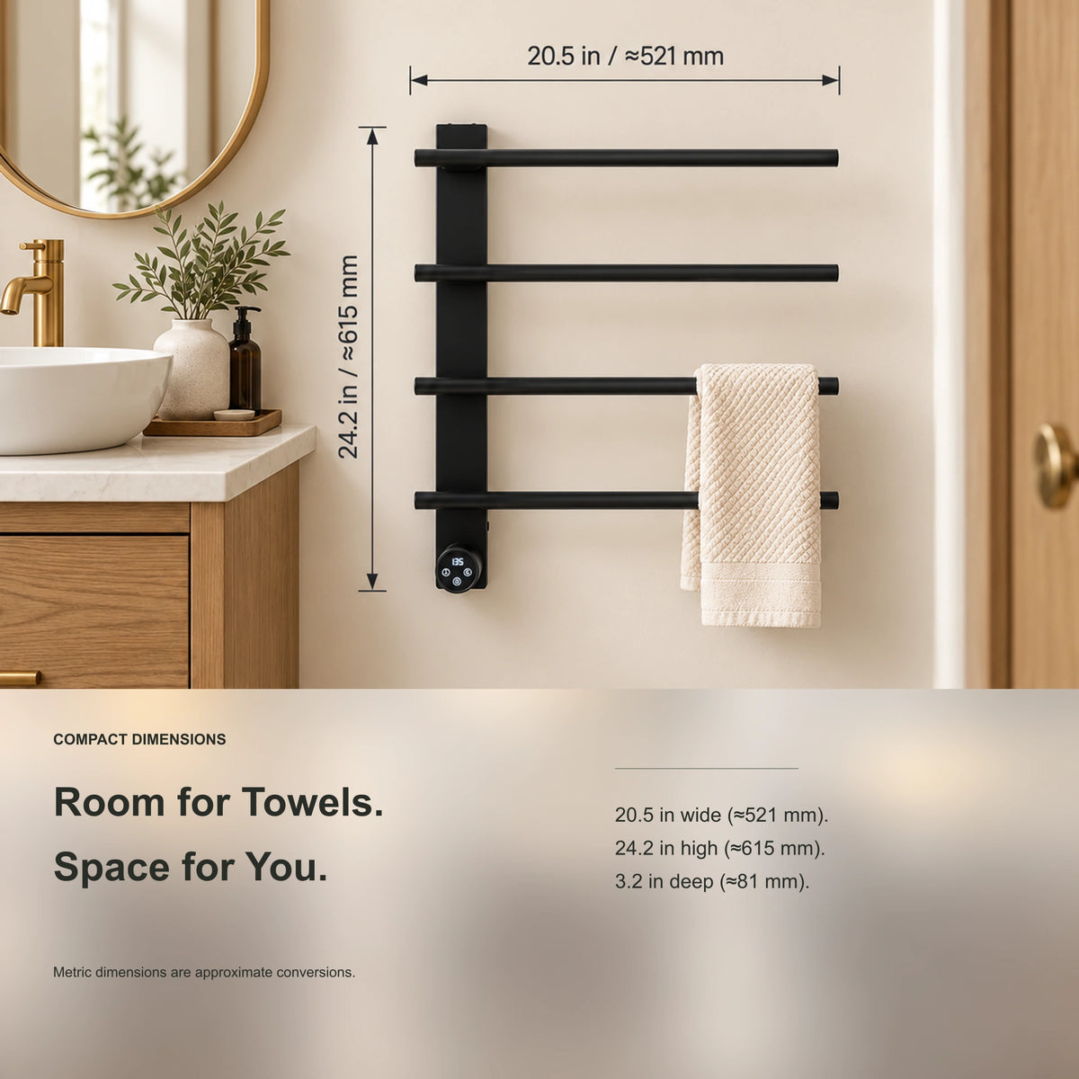 ENIF heated towel rack showing product width, height and depth measurements.