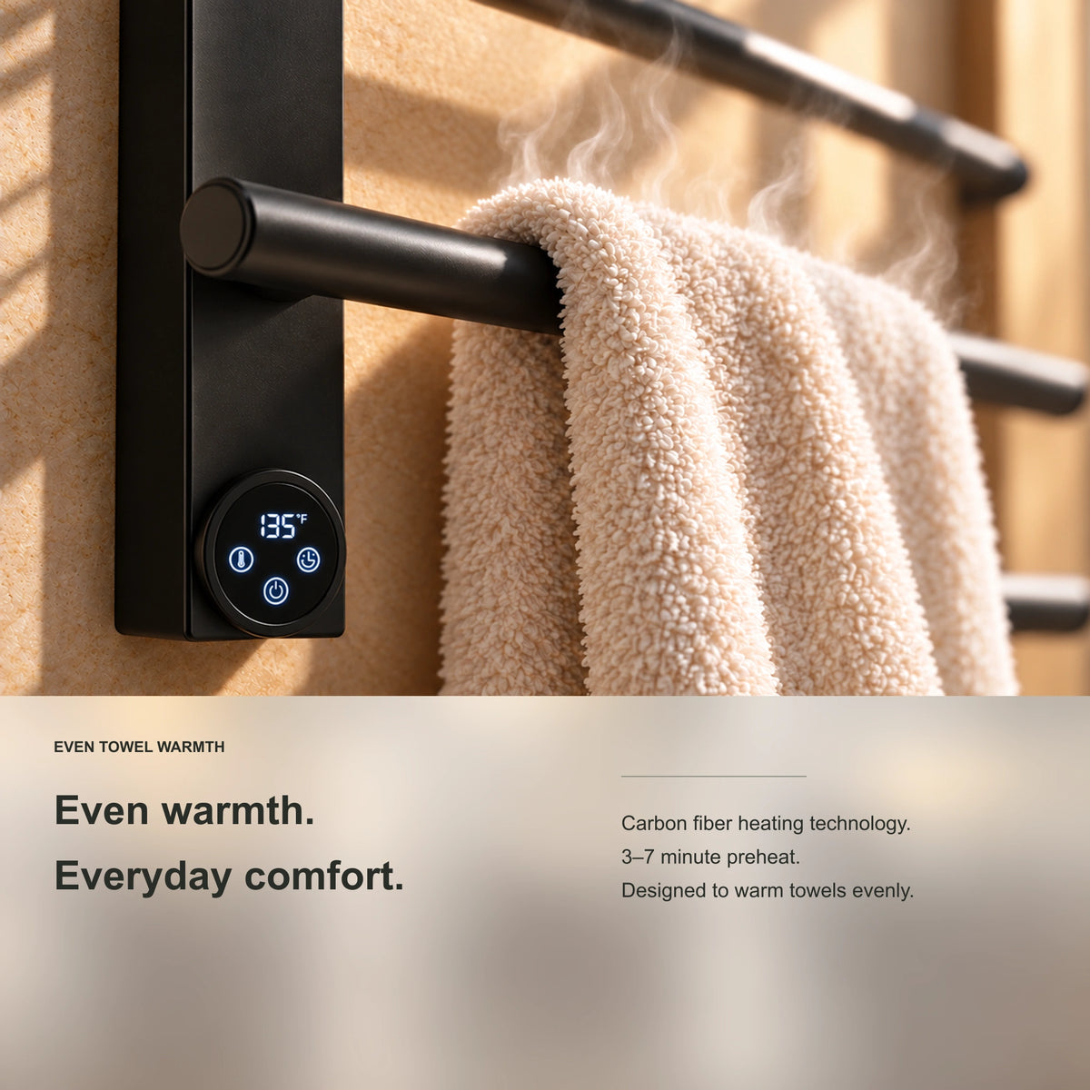 ENIF heated towel rack showing a towel draped over the heated rails and even heating information.