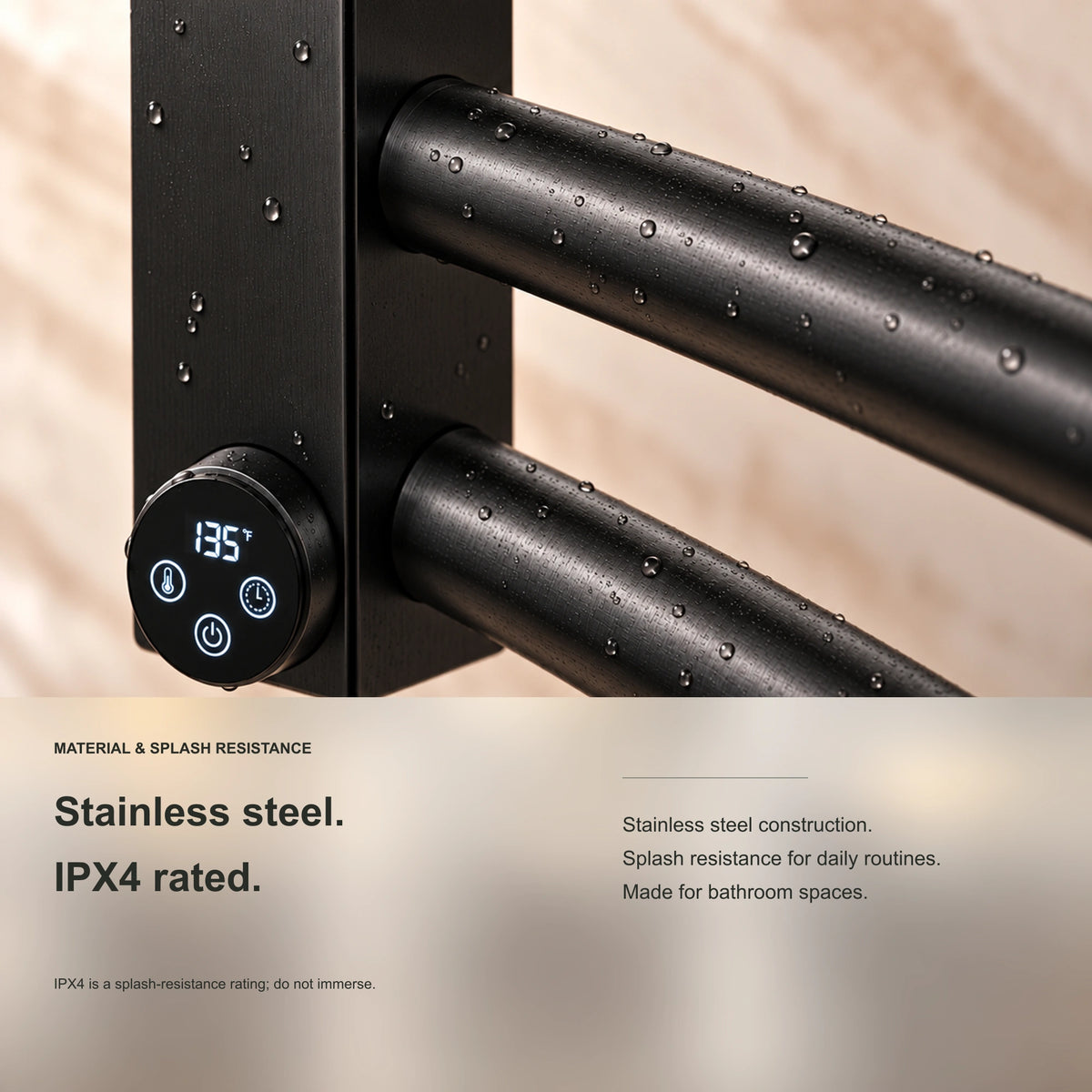 ENIF heated towel rack showing stainless steel rail close-up with water droplets and IPX4 rating information.