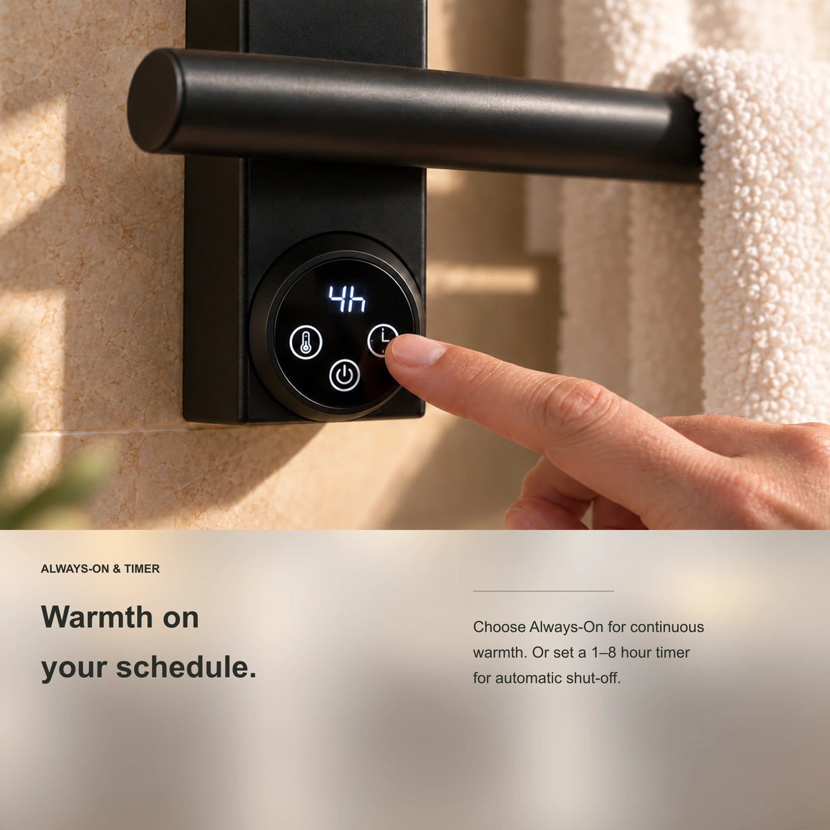 ENIF heated towel rack showing digital timer control and scheduling detail.
