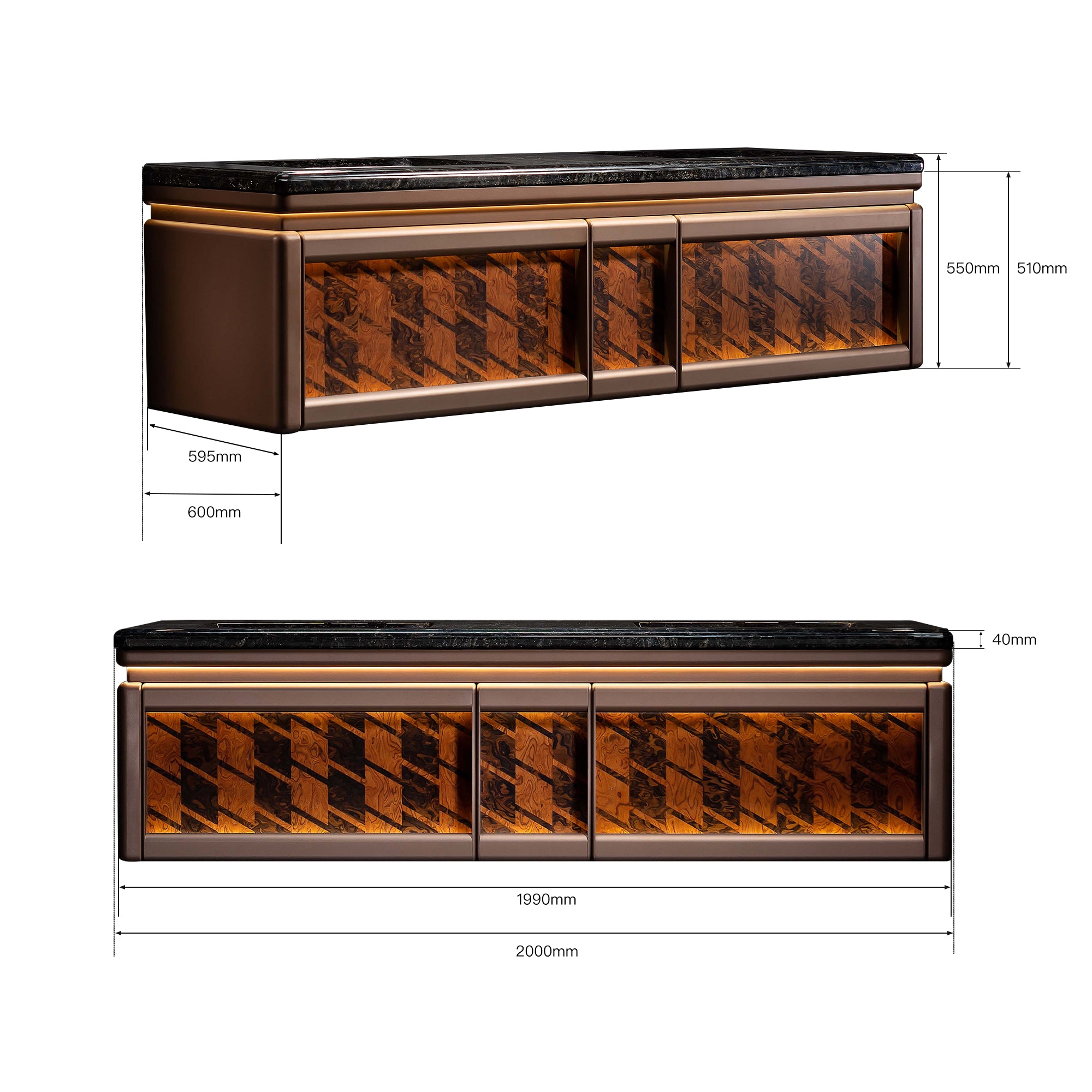 EMBER Custom Bathroom Vanity with Black Marble Top and High-Gloss Metallic Finish