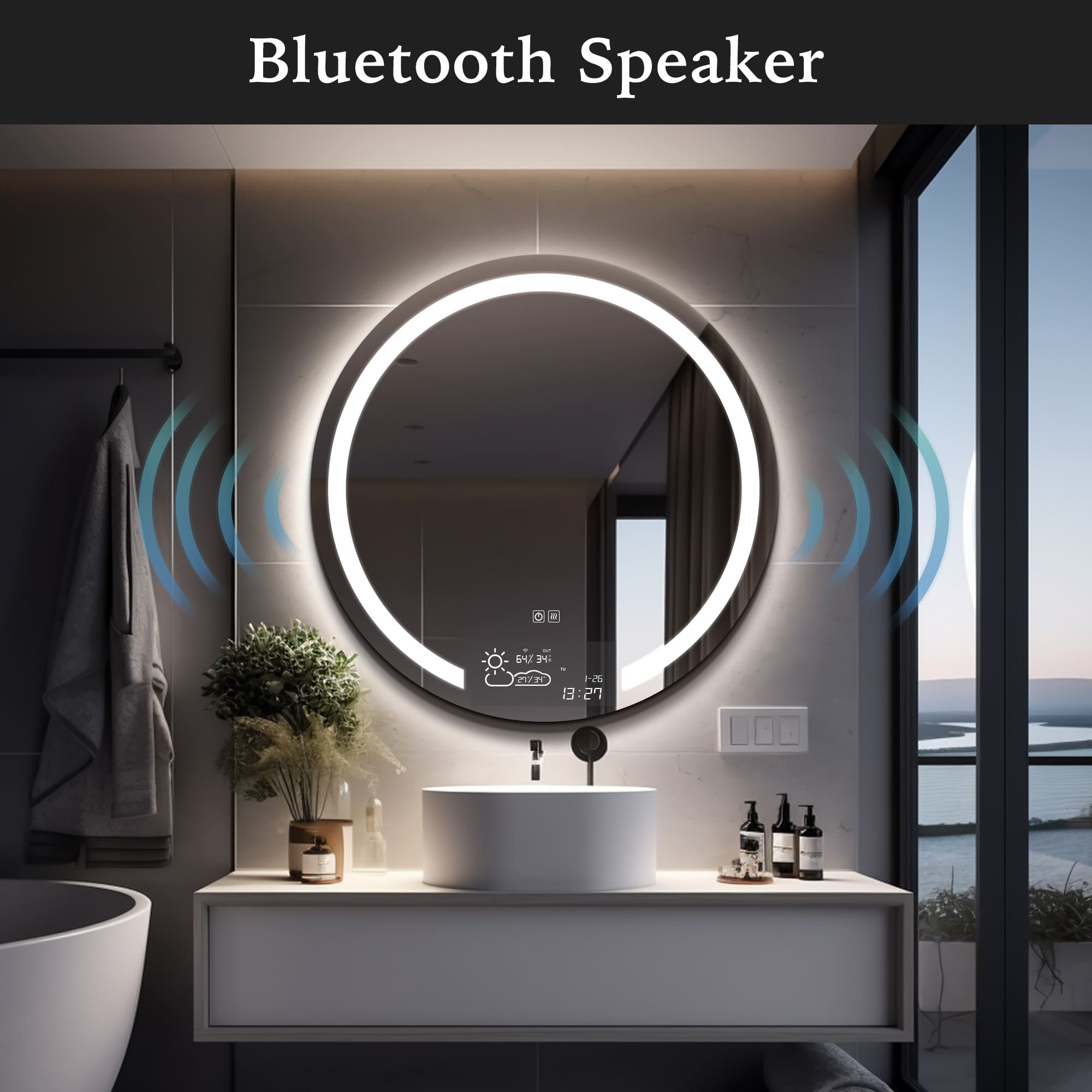 SINOPE Round Custom LED Mirror with WiFi Weather Station