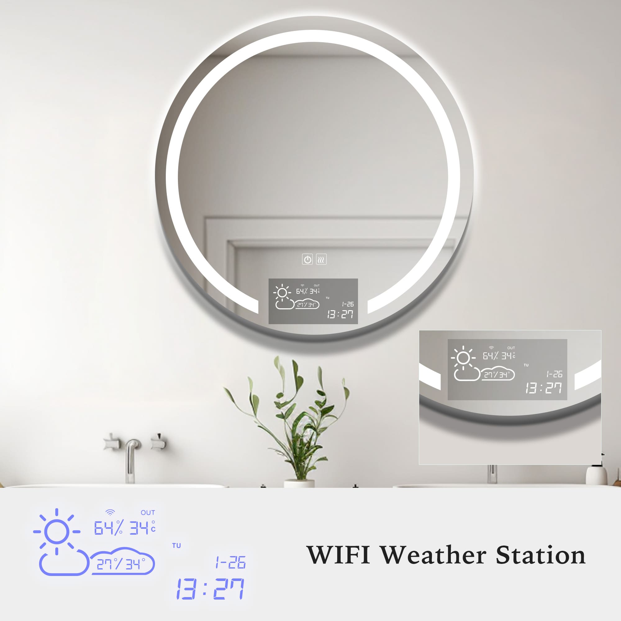 SINOPE Round Custom LED Mirror with WiFi Weather Station