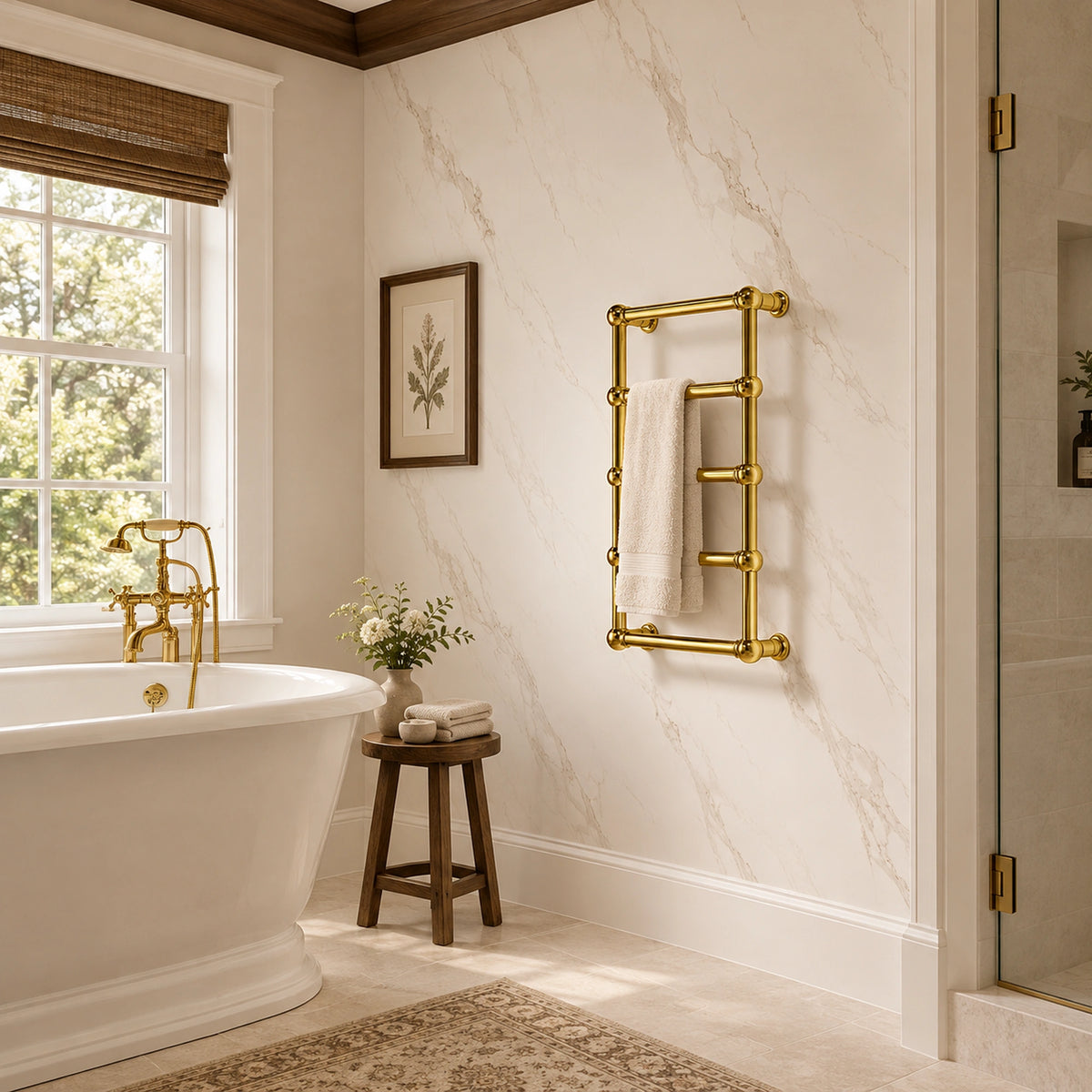 Inyouths Ashore brass heated towel rack installed in modern bathroom setting