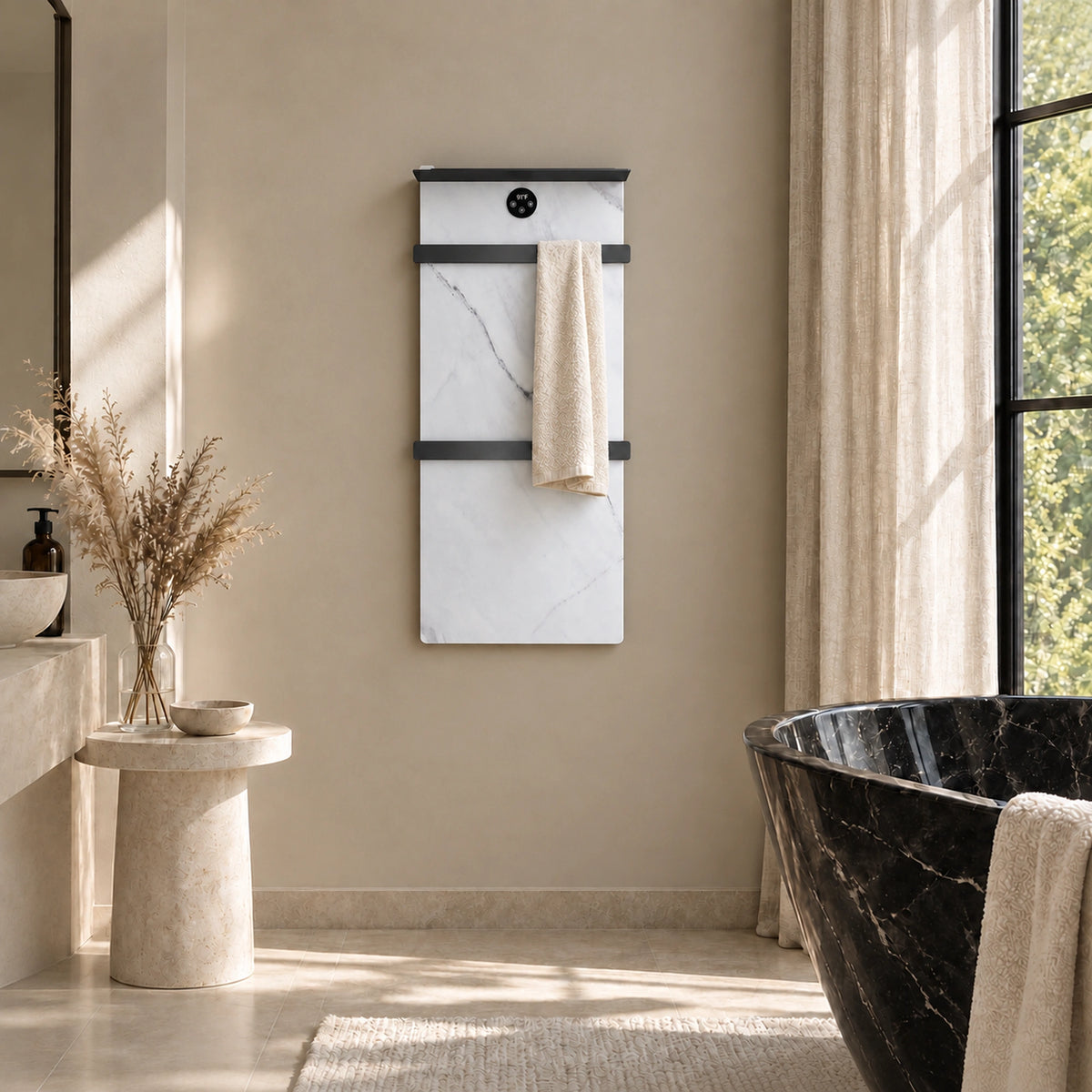 Inyouths Cerene minimalist sintered stone heated towel rack front view in bathroom setting