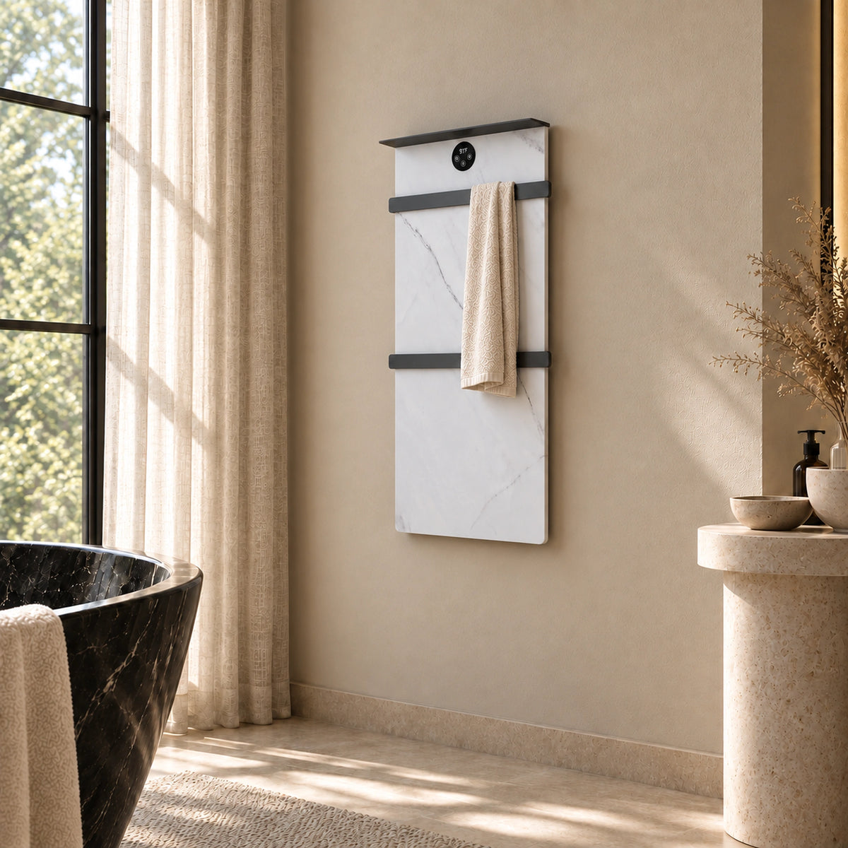 Inyouths Cerene minimalist sintered stone heated towel rack side view in bathroom setting